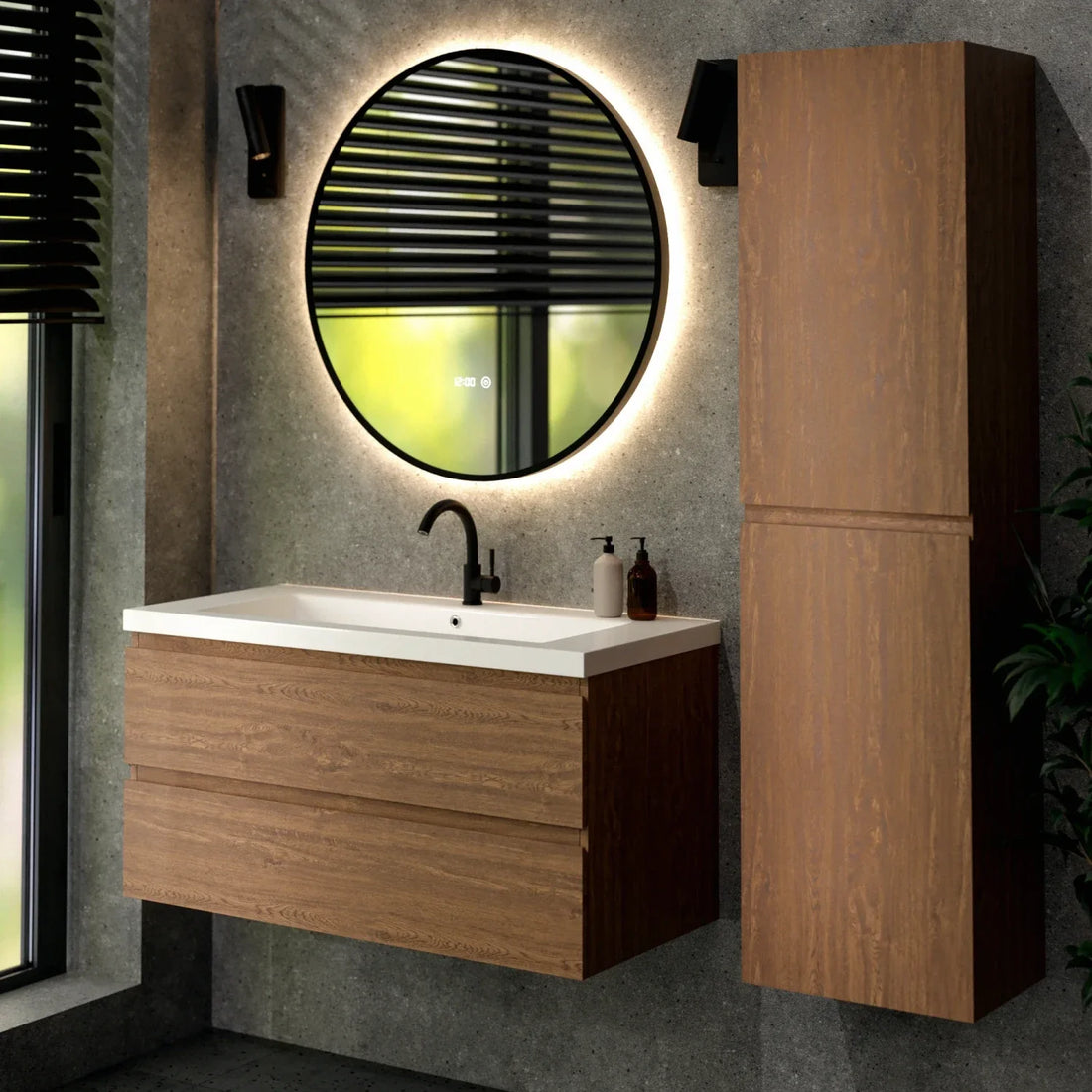 Ensemble de Meubles de salle de bain Valento – 100 cm – Chene Chaud – Lavabo Blanc