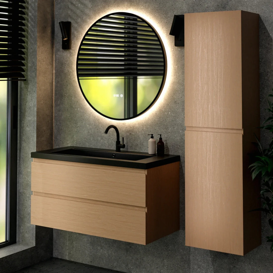 Meuble de salle de bain Sena - 100 cm - Chêne Clair - Lavabo Noir