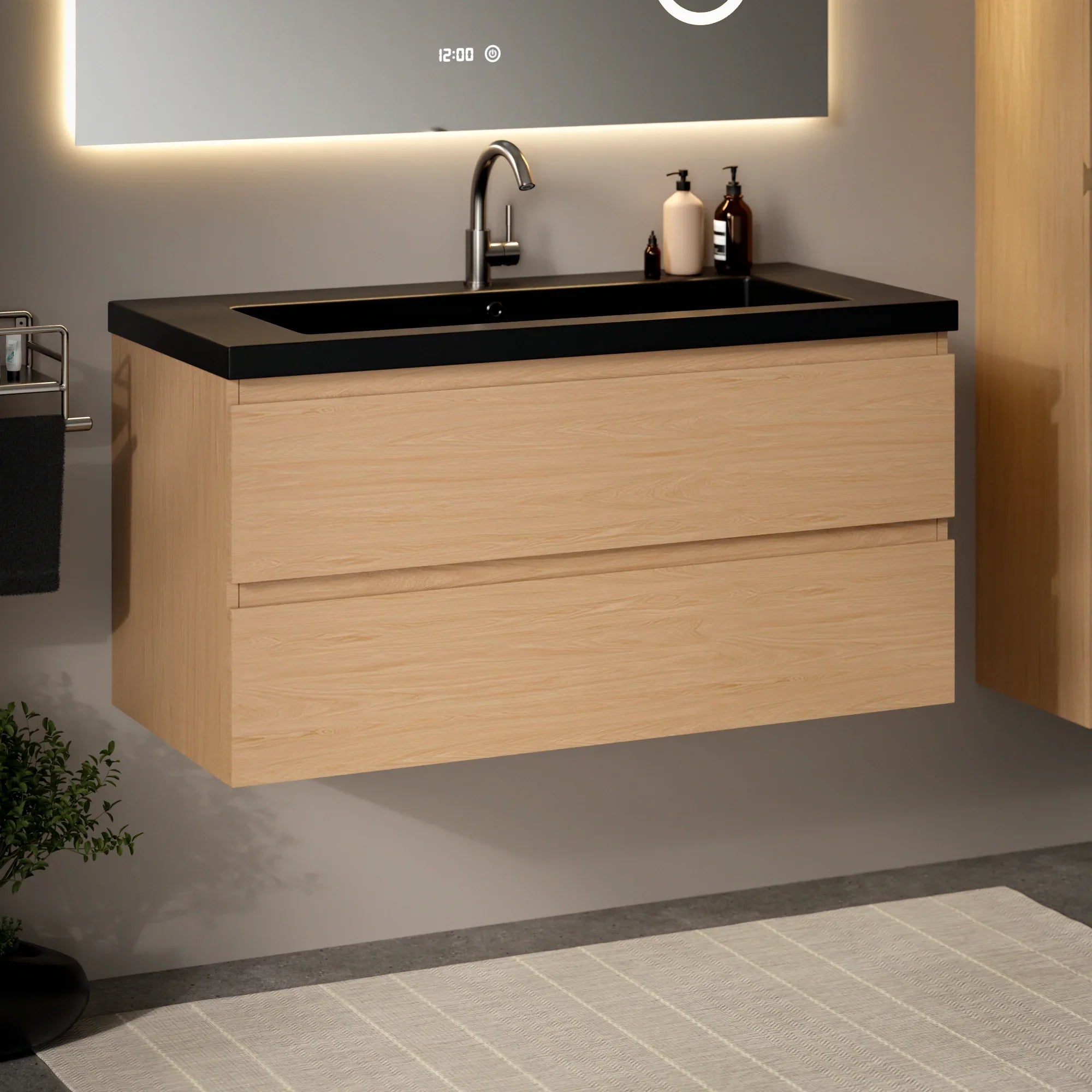 Meuble de salle de bain Sena - 100 cm - Chêne clair - Vasque noire