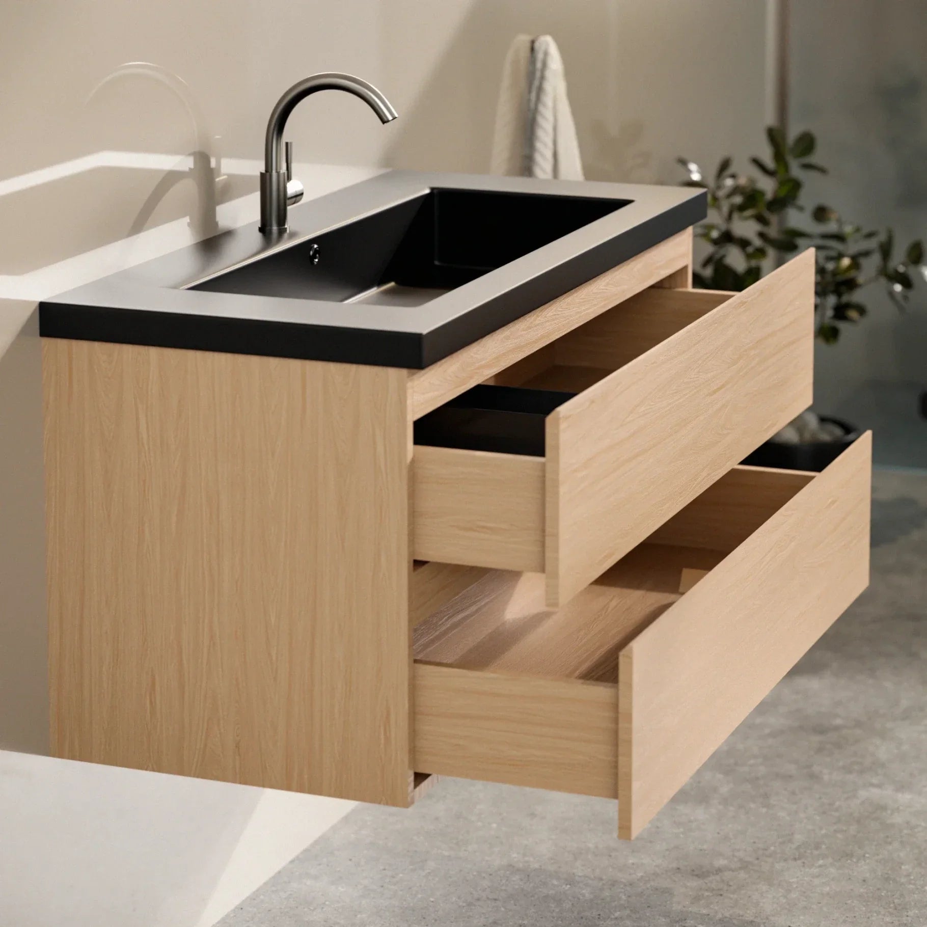 Meuble de salle de bain Sena - 100 cm - Chêne clair - Vasque noire