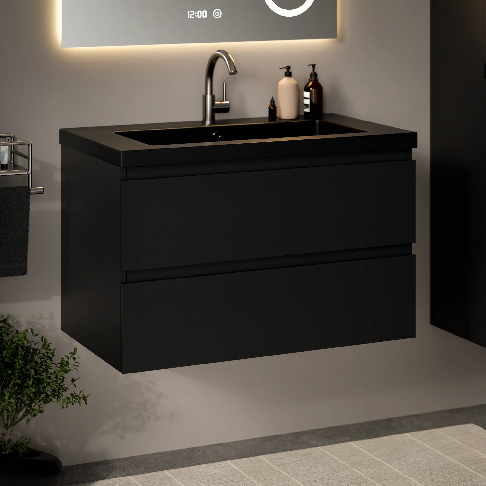 Meuble de salle de bain Sova - 80 cm - Noir mat - Vasque noire - Précommander