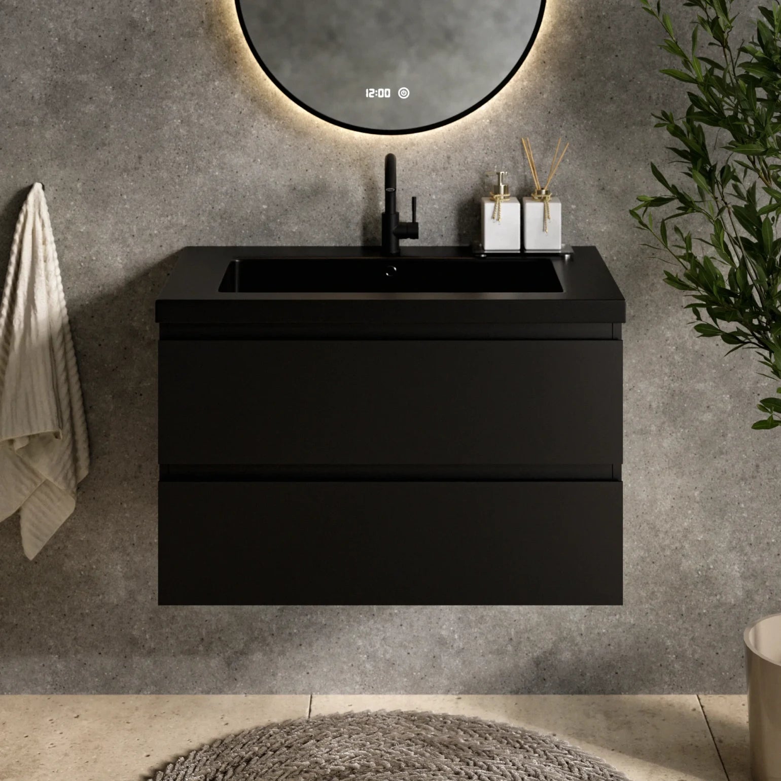 Meuble de salle de bain Sova - 80 cm - Noir mat - Vasque noire - Précommander