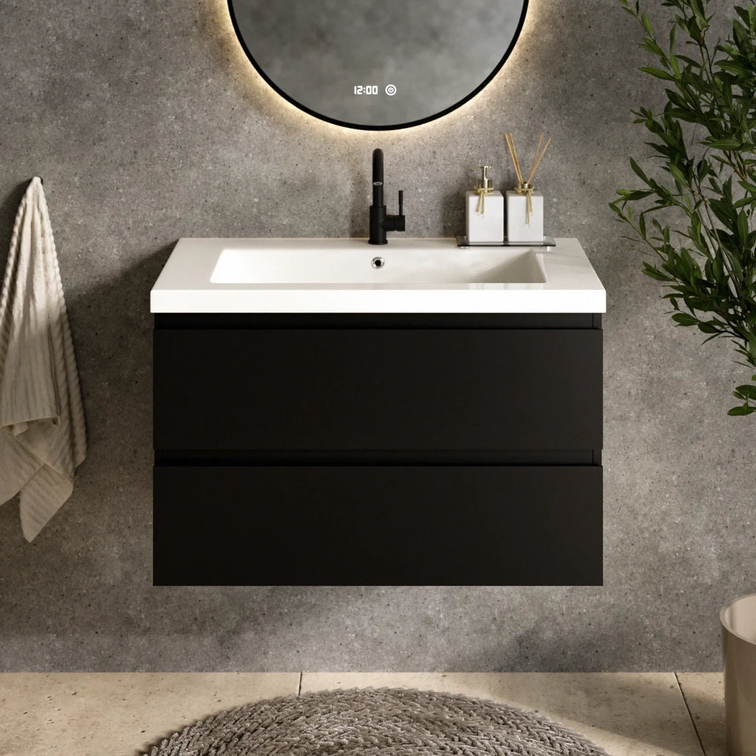 Meuble de salle de bain Sova - 80 cm - Noir Mat - Lavabo Blanc