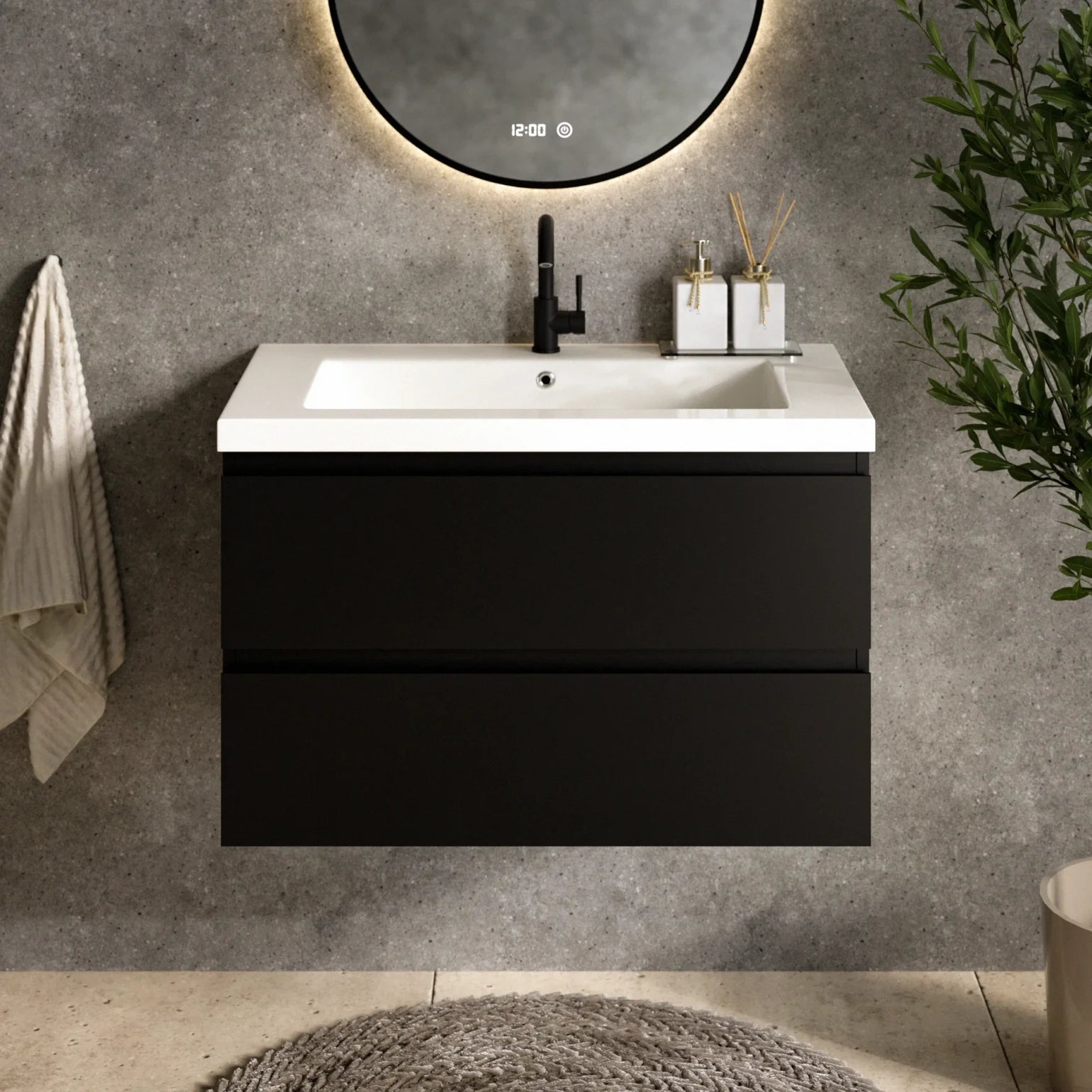 Meuble de salle de bain Sova - 80 cm - Noir mat - Vasque blanche