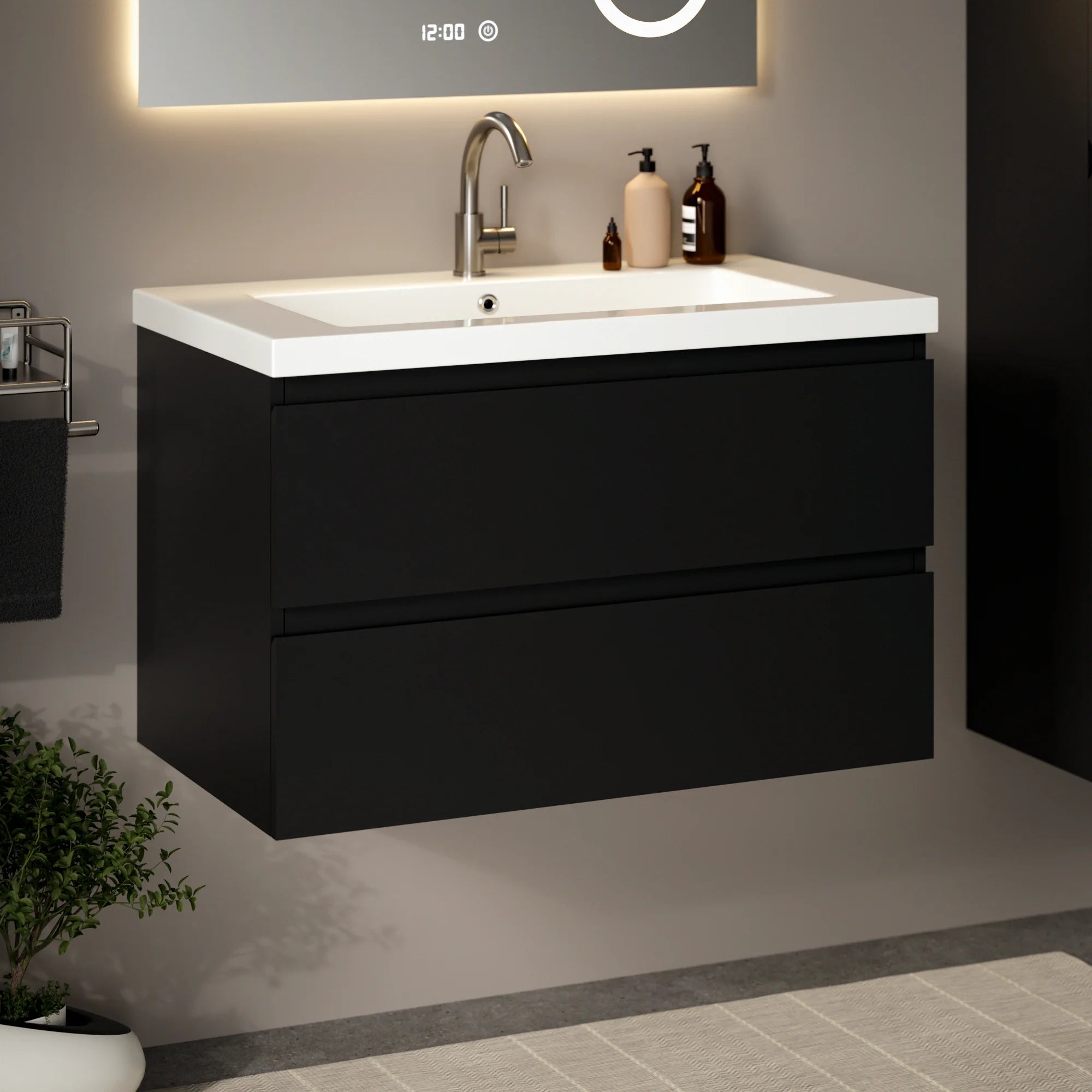 Meuble de salle de bain Sova - 80 cm - Noir mat - Vasque blanche