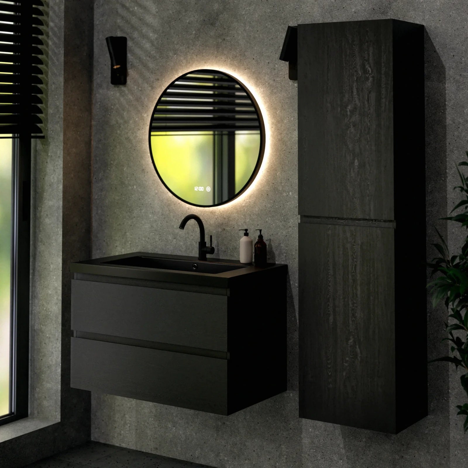 Meuble de salle de bain Sova - 80 cm - Chêne noir - Vasque noire