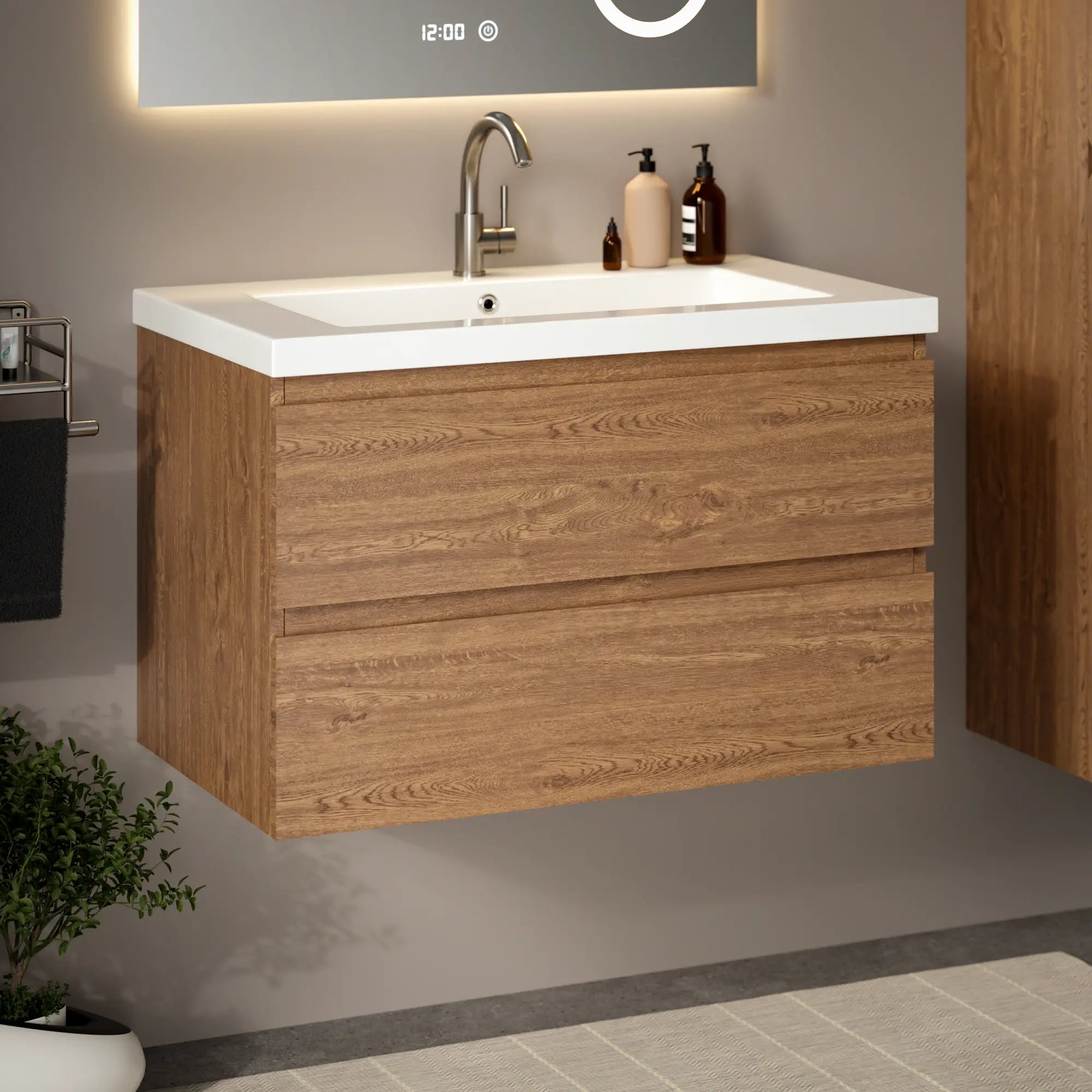 Ensemble meuble vasque Valento – 80 cm – Chêne Chaud – Lavabo Blanc