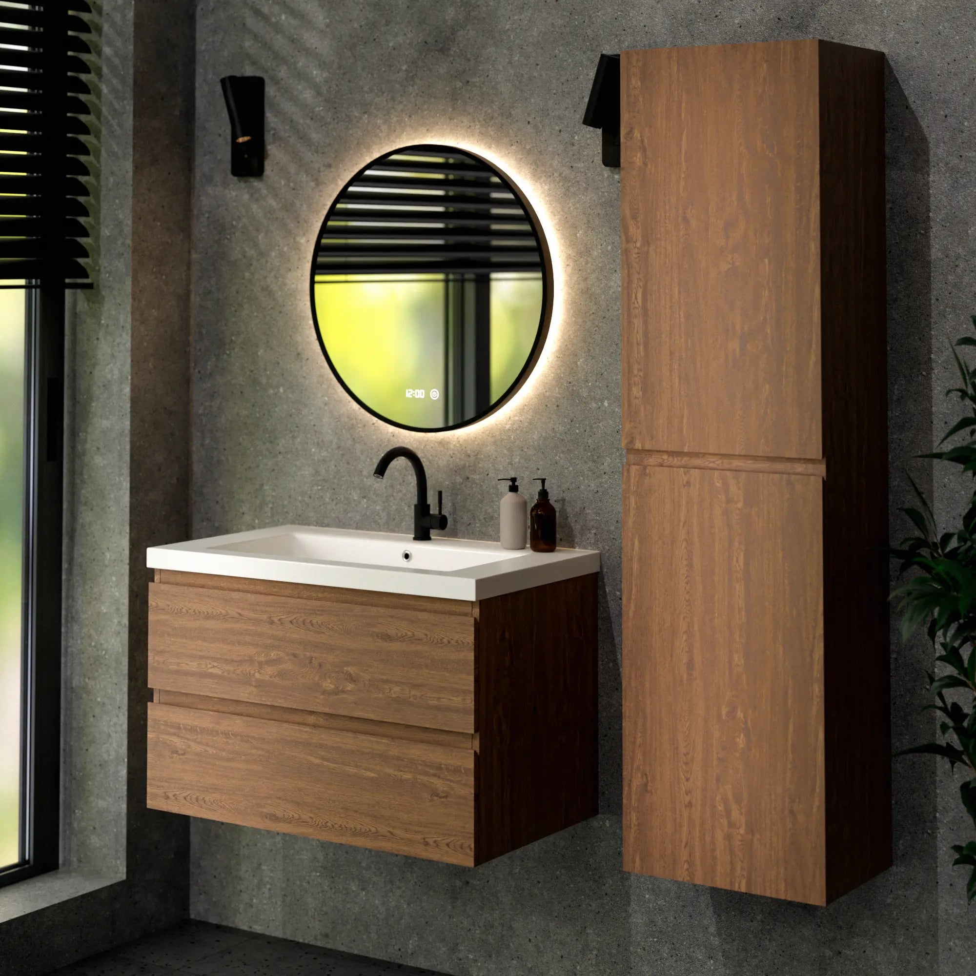 Meuble de salle de bain Sova - 80 cm - Chêne chaud - Vasque blanche