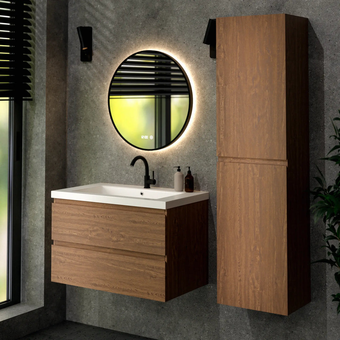 Ensemble de Meubles de salle de bain Valento – 80 cm – Chene Chaud – Lavabo Blanc