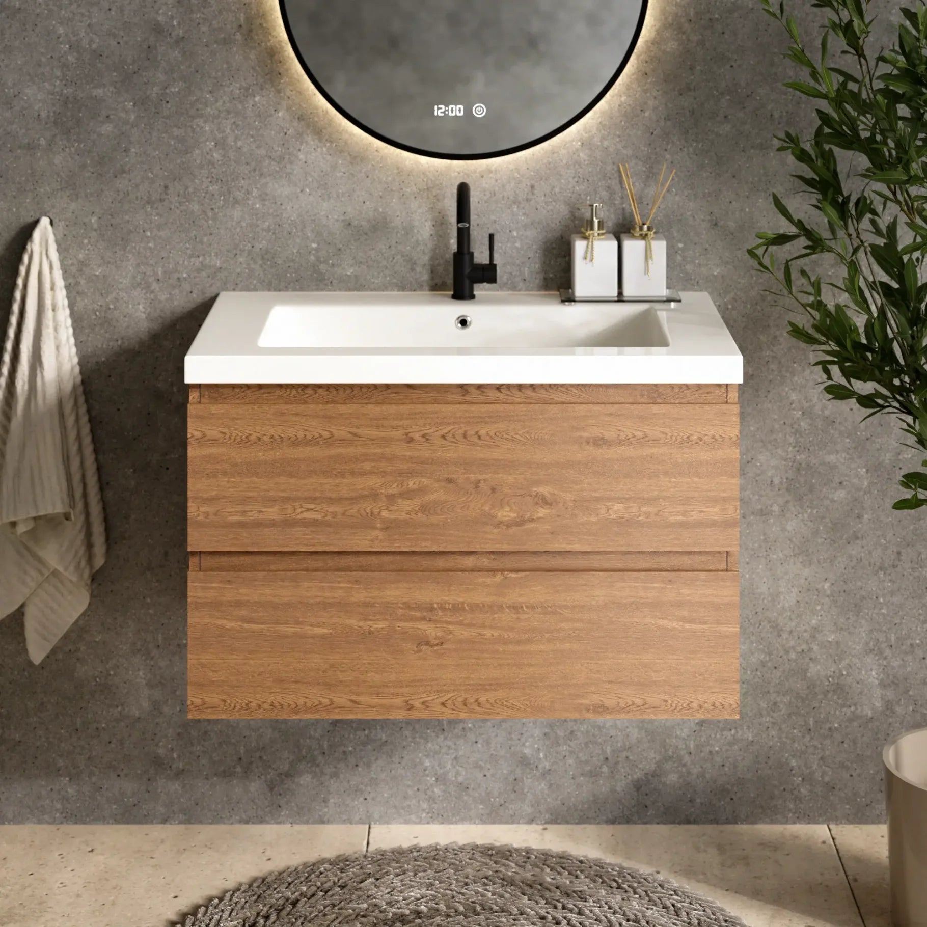 Meuble de salle de bain Sova - 80 cm - Chêne chaud - Vasque blanche