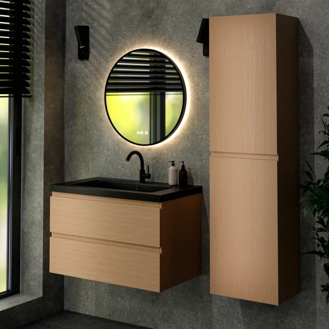Ensemble de Meubles de salle de bain Monaco – 80 cm – Chene Clair – Lavabo Noir