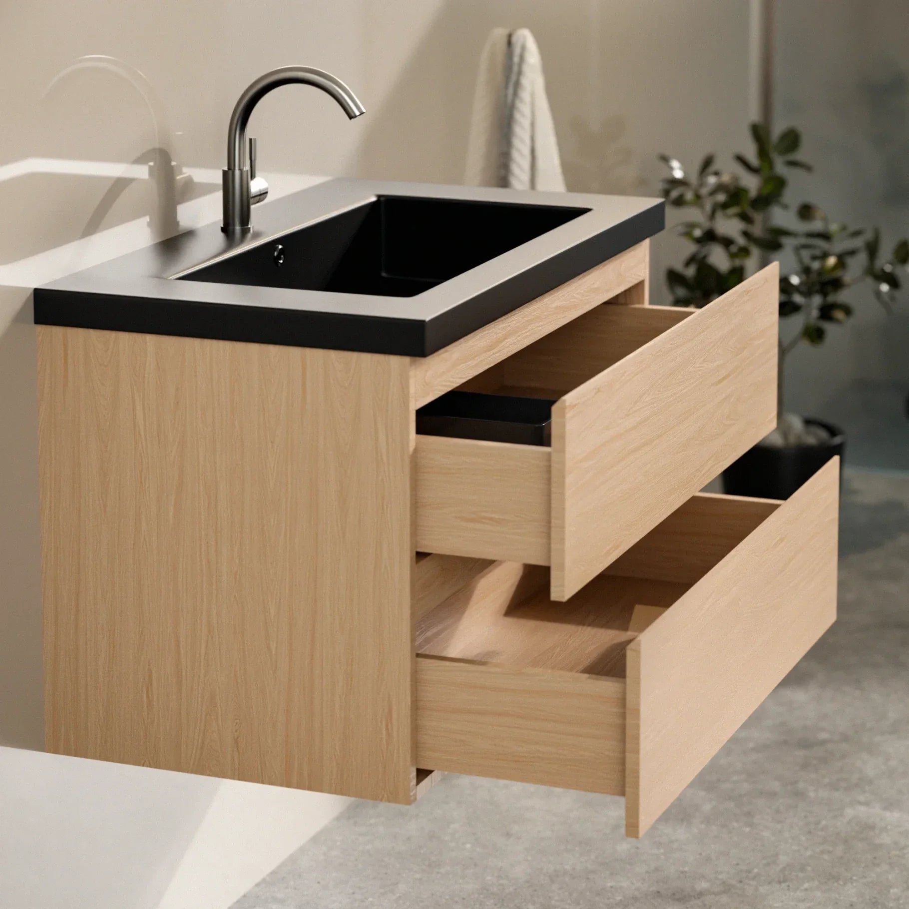 Ensemble meuble vasque Monaco – 80 cm – Chêne Clair – Lavabo Noir