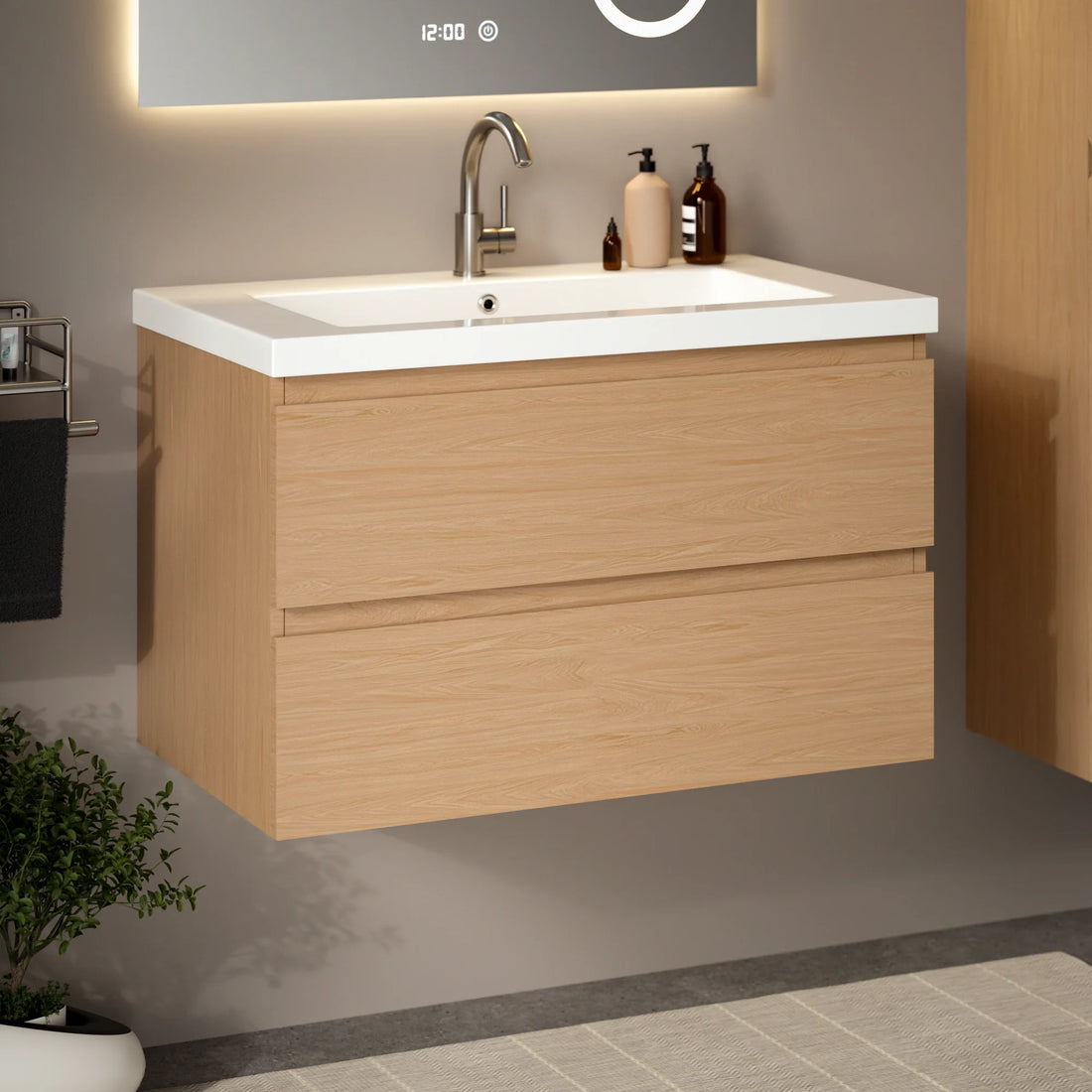 Meuble de salle de bain Sova - 80 cm - Chêne Clair - Lavabo Blanc