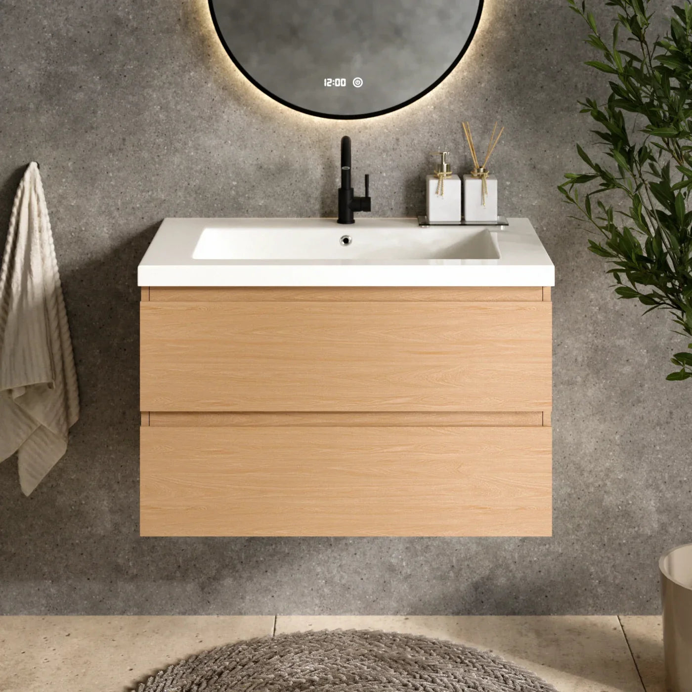 Ensemble meuble vasque Amara – 80 cm – Chêne Clair – Lavabo Blanc