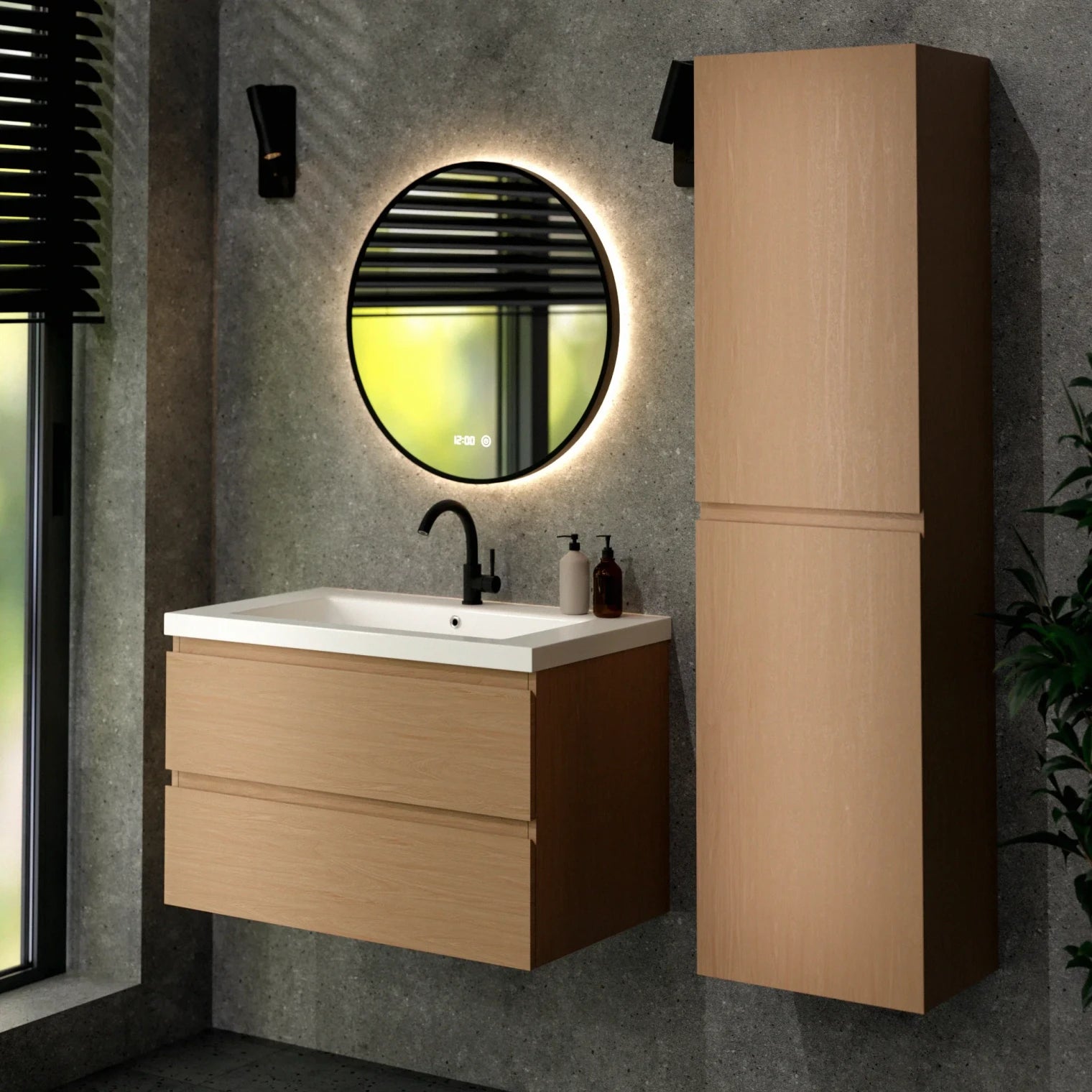 Meuble de salle de bain Sova - 80 cm - Chêne clair - Vasque blanche