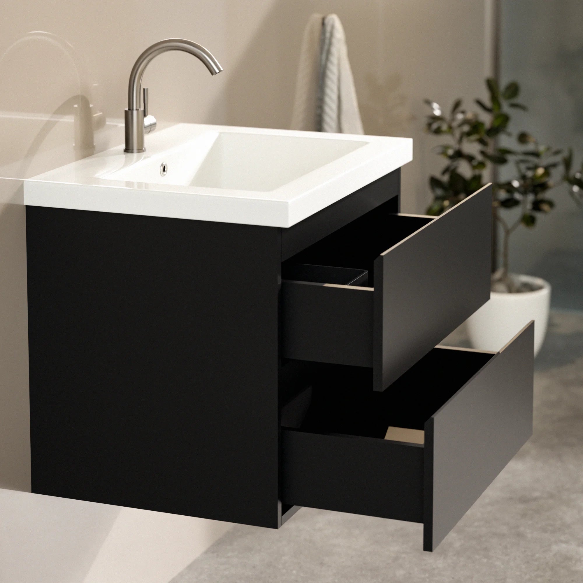 Meuble de salle de bain Karo - 60 cm - Noir mat - Vasque blanche