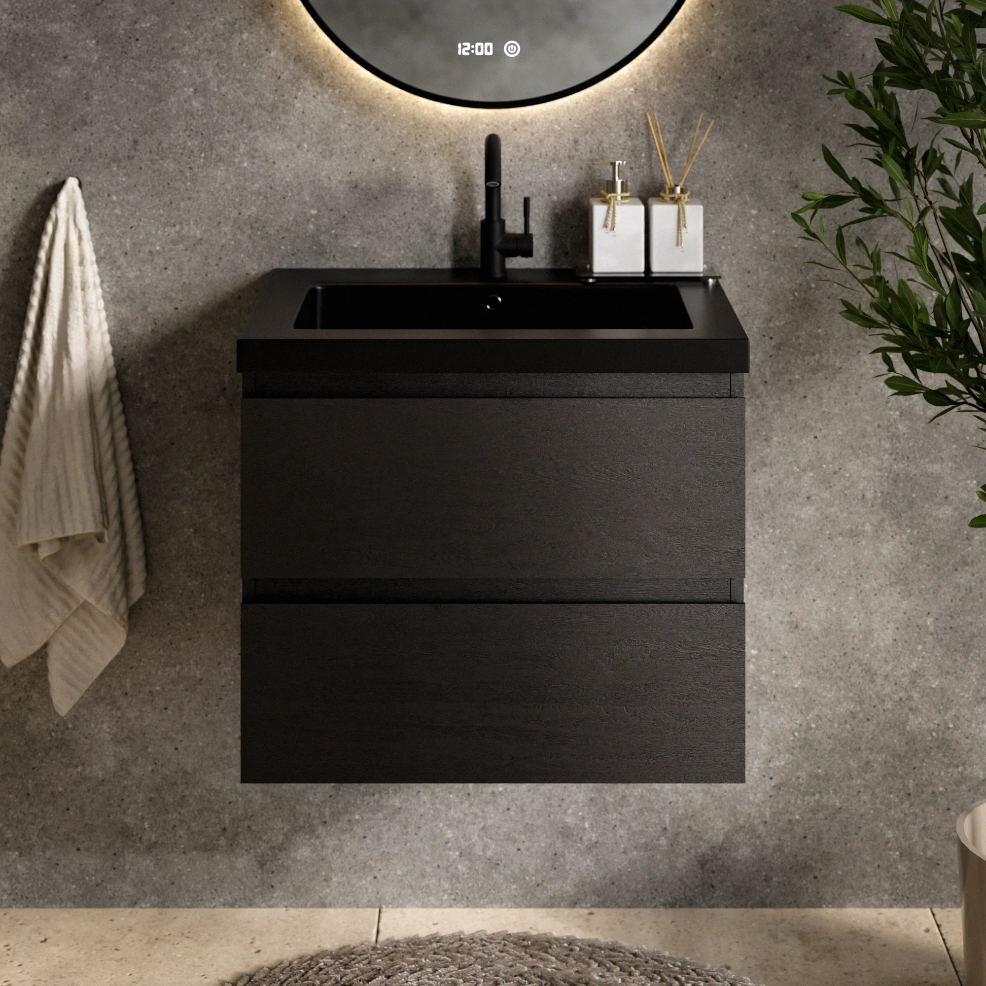 Meuble de salle de bain Karo - 60 cm - Chêne noir - Vasque noire