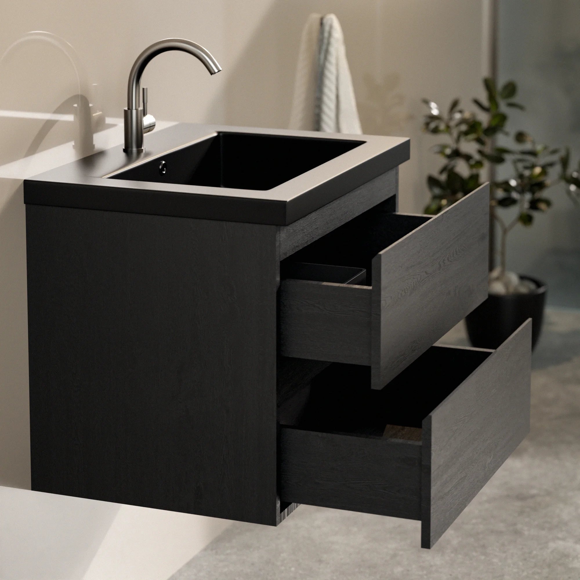 Meuble de salle de bain Karo - 60 cm - Chêne noir - Vasque noire