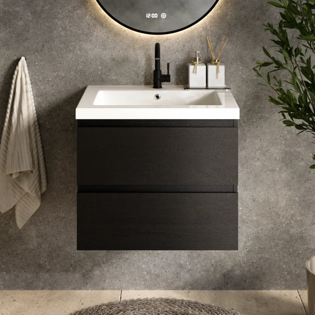 Meuble de salle de bain Karo - 60 cm - Chêne Noir - Lavabo Blanc
