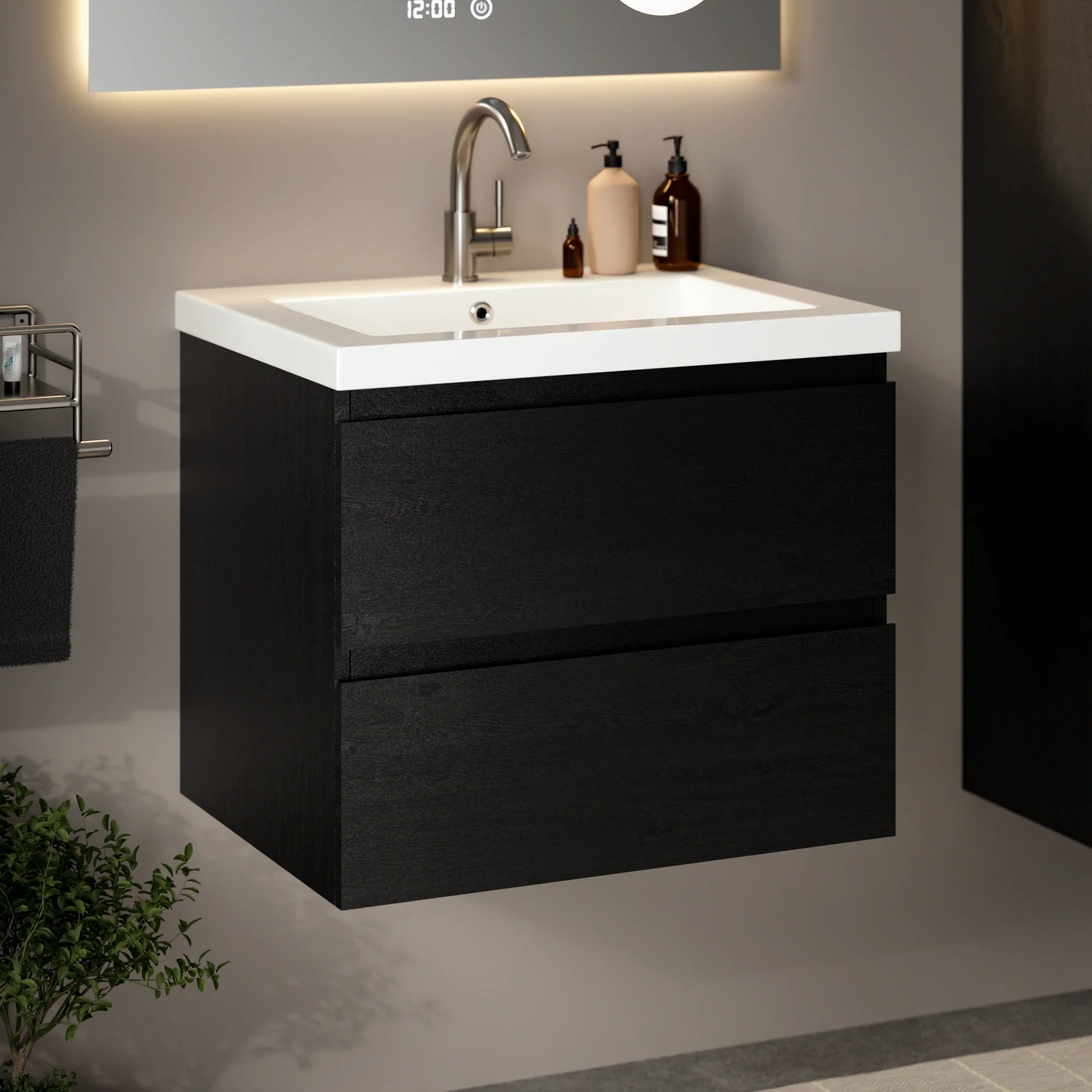 Meuble de salle de bain Karo - 60 cm - Chêne noir - Vasque blanche - Précommander