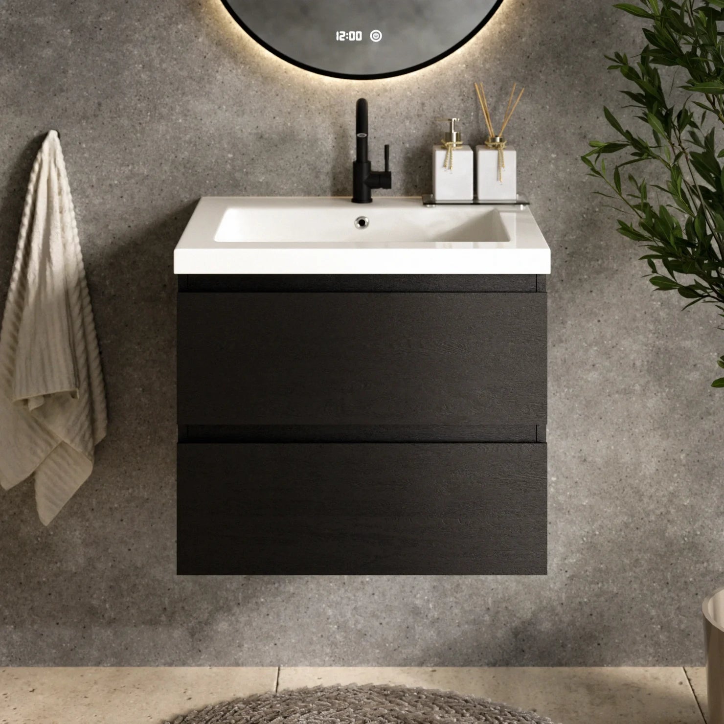 Ensemble meuble vasque Virello – 60 cm – Chêne Noir – Lavabo Blanc