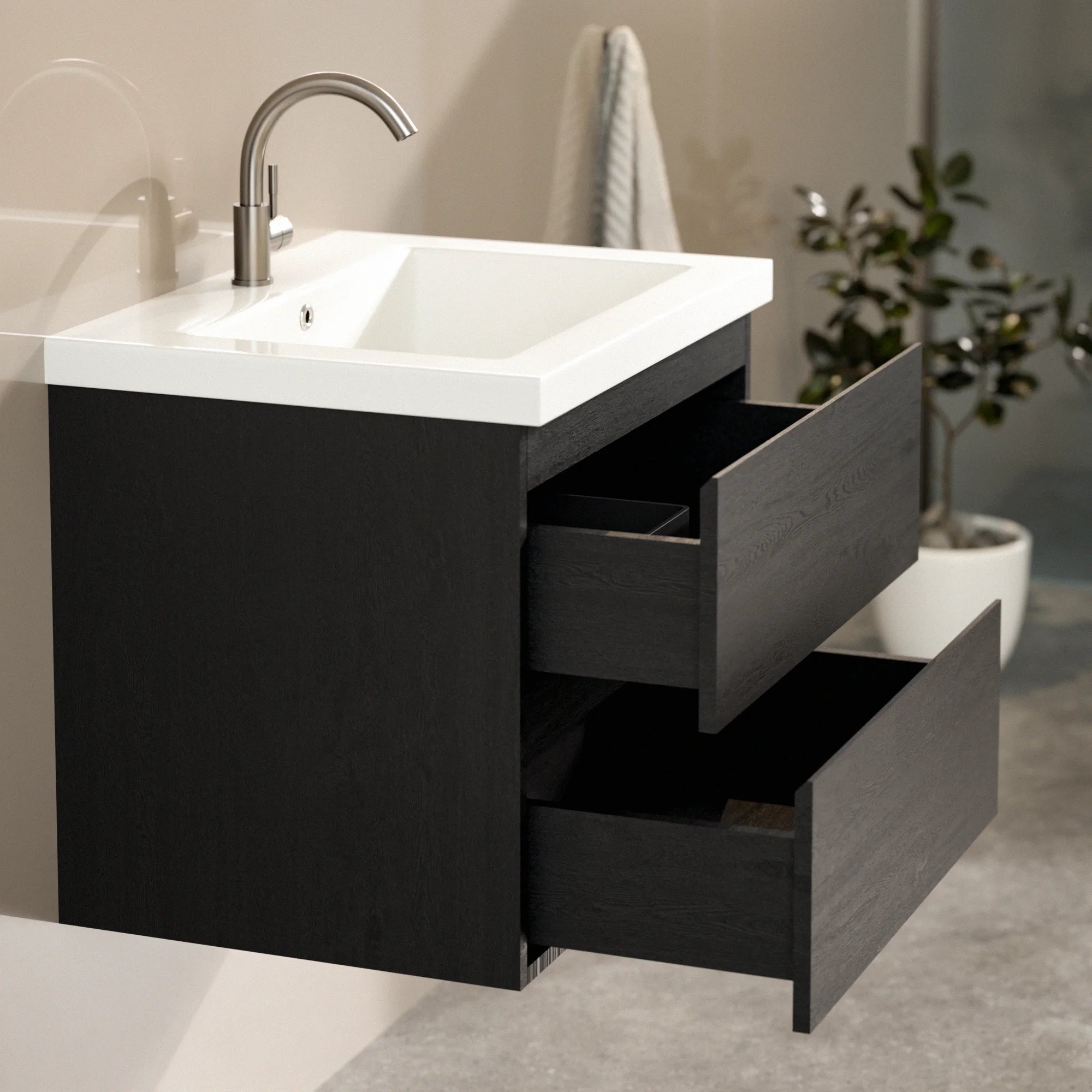Ensemble meuble vasque Virello – 60 cm – Chêne Noir – Lavabo Blanc