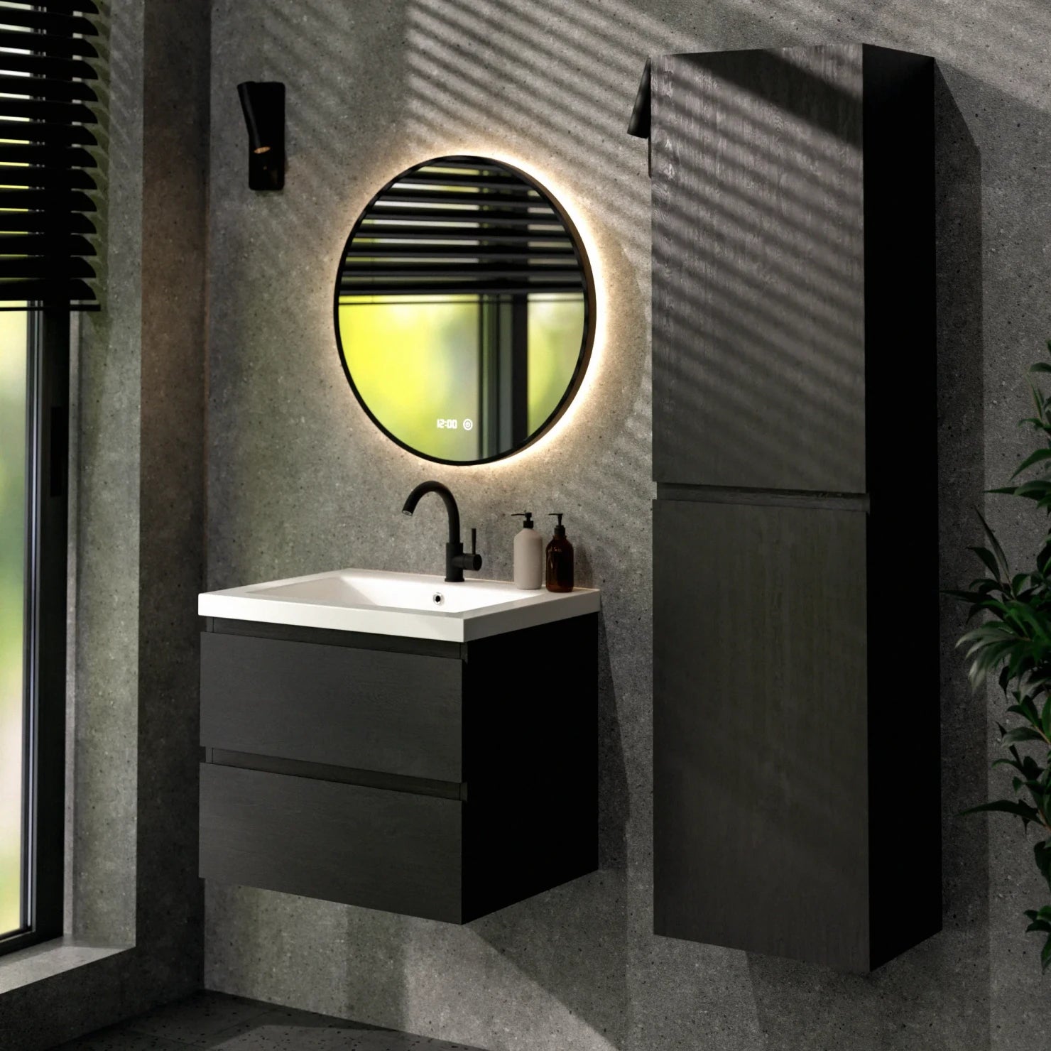 Ensemble meuble vasque Virello – 60 cm – Chêne Noir – Lavabo Blanc