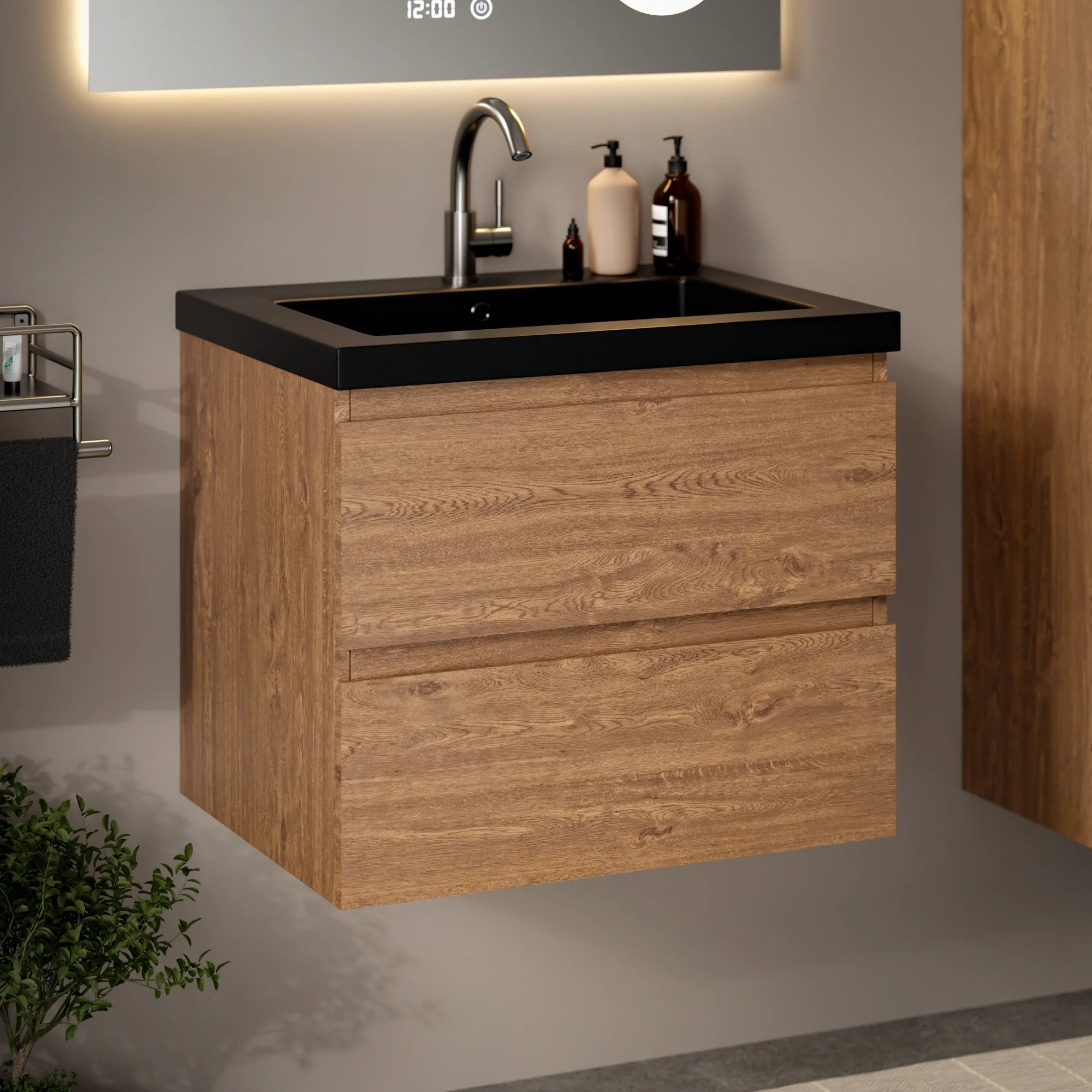 Meuble de salle de bain Karo - 60cm - Chêne Chaud - Vasque noire