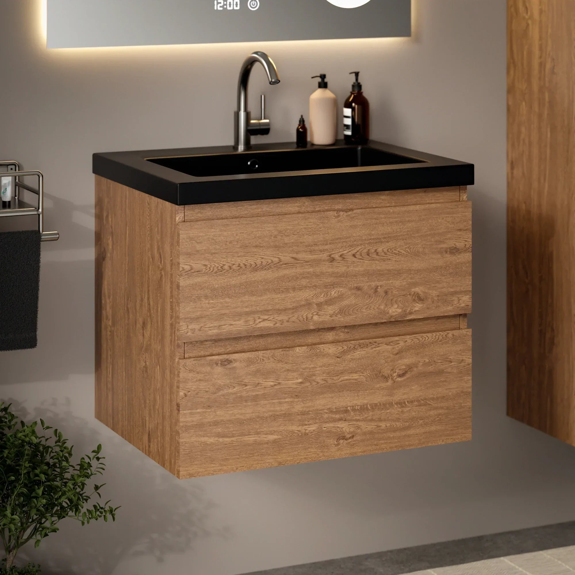 Ensemble meuble vasque Verona – 60 cm – Chêne Chaud – Lavabo Noir