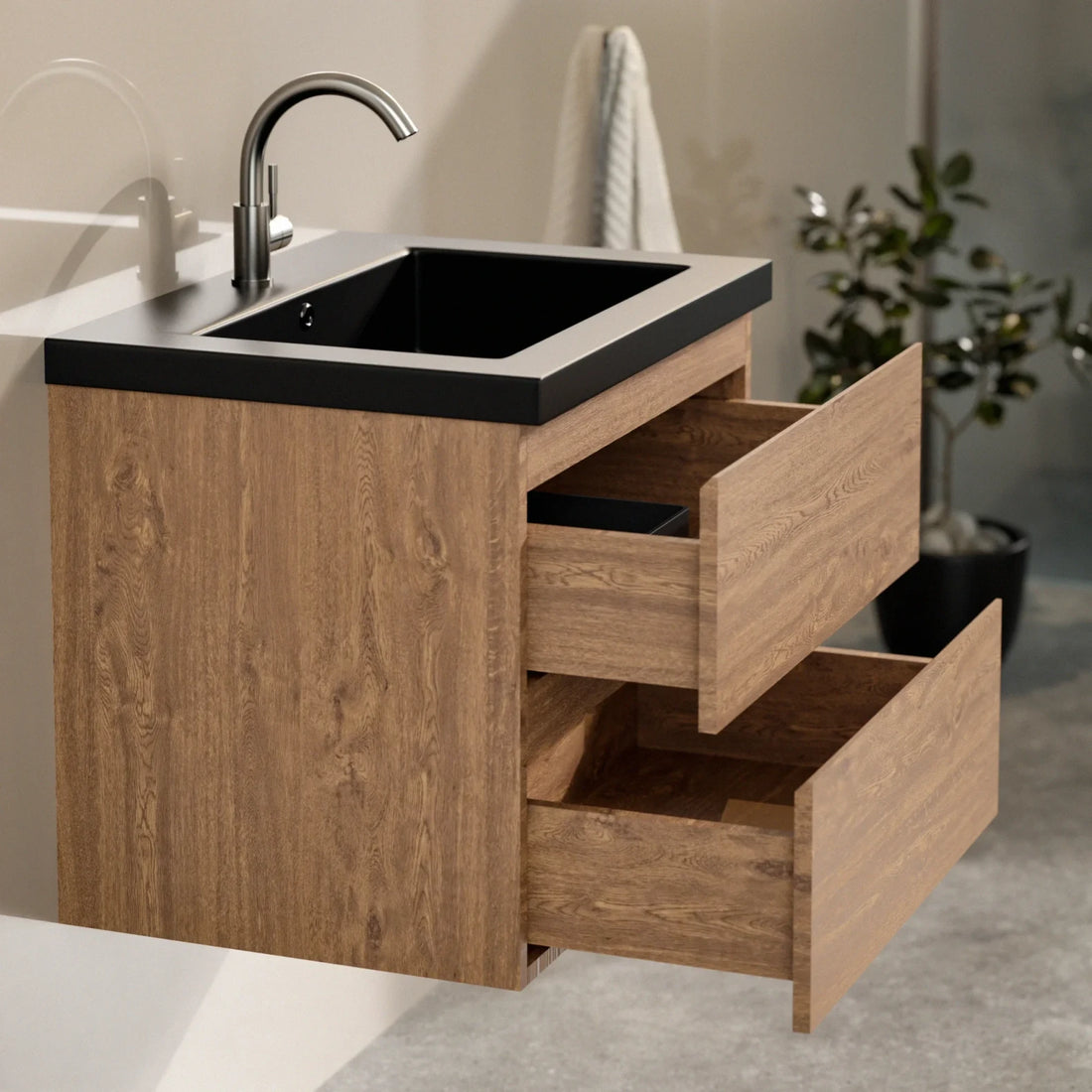 Meuble de salle de bain Karo - 60cm - Chêne Chaud - Lavabo Noir