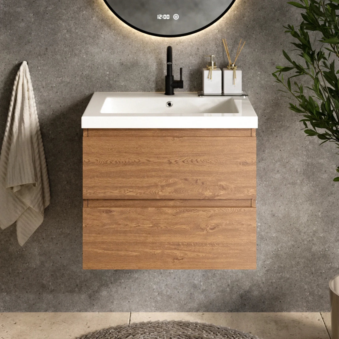 Meuble de salle de bain Karo - 60cm - Chêne Chaud - Lavabo Blanc