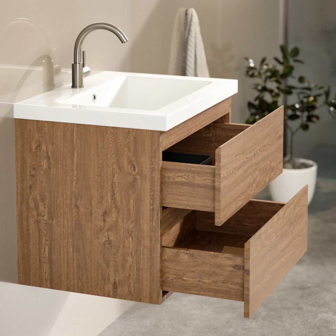 Meuble de salle de bain Karo - 60cm - Chêne Chaud - Lavabo Blanc