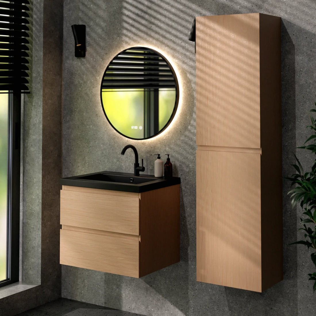 Ensemble de Meubles de salle de bain Monaco – 60 cm – Chene Clair – Lavabo Noir