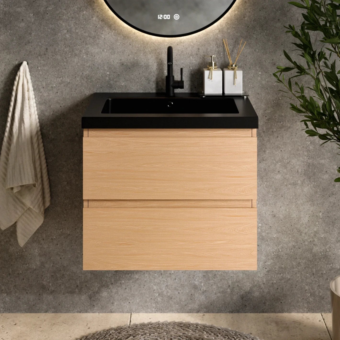Ensemble meuble vasque Monaco – 60 cm – Chêne Clair – Lavabo Noir