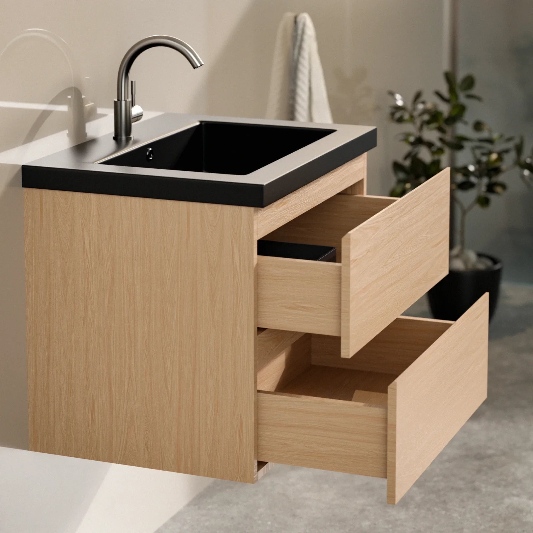 Meuble de salle de bain Karo - 60cm - Chêne Clair - Vasque noire