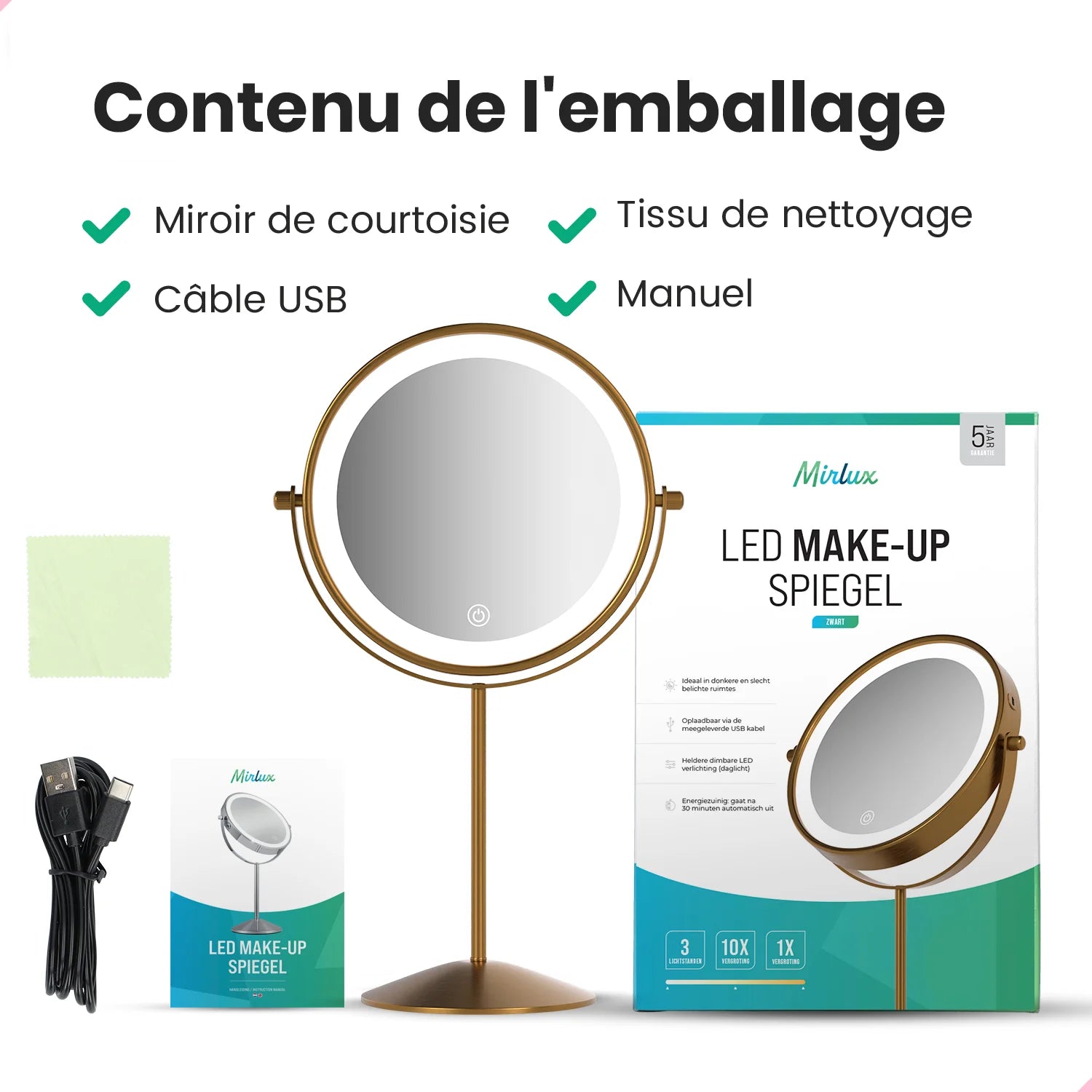 Miroir de maquillage - Rechargeable - Or - Grossissement 1-10x