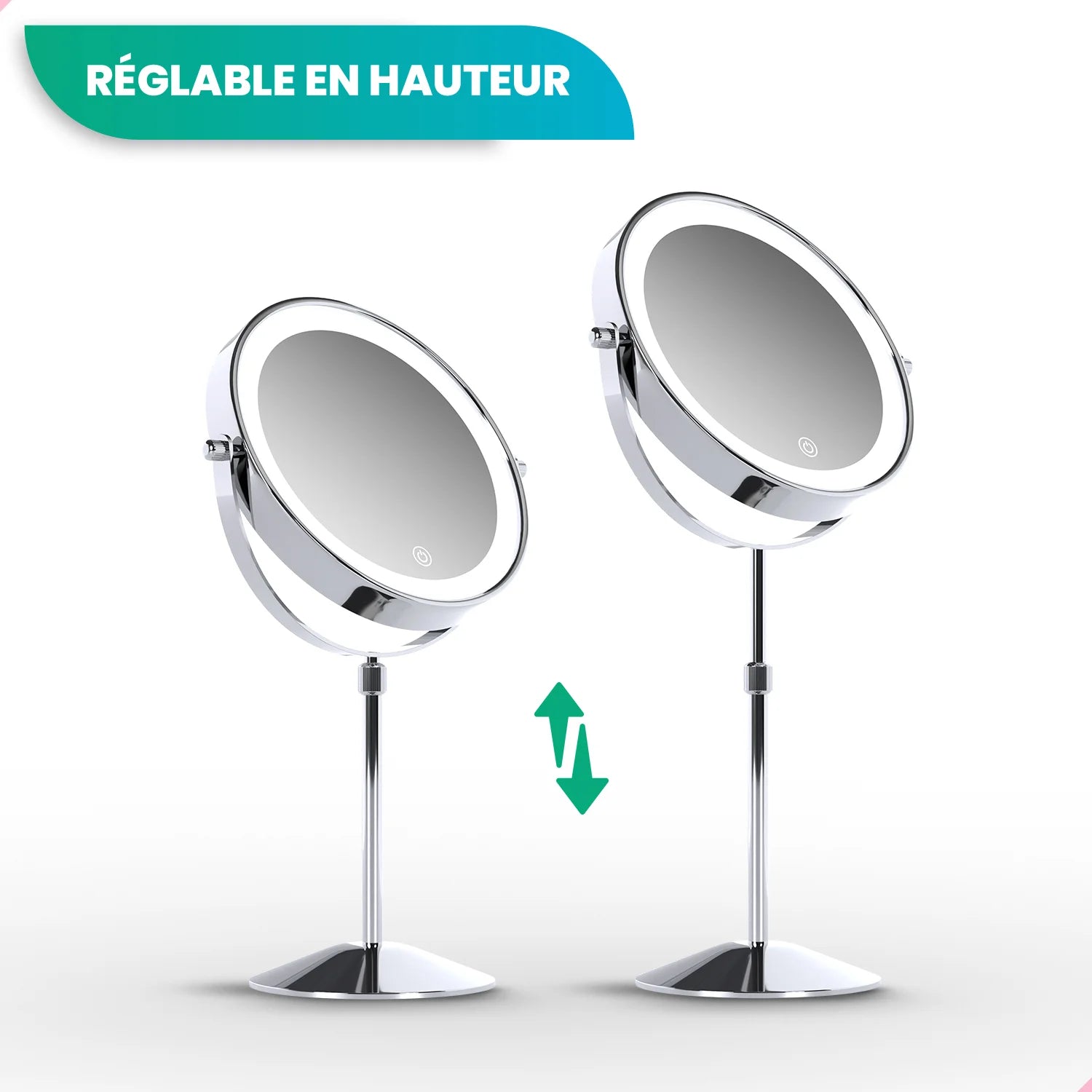 Miroir de maquillage - Hauteur réglable - Chrome - Grossissement 1-10x