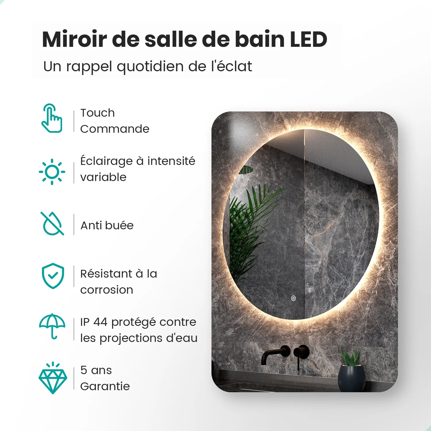 Miroir de salle de bains - 100 cm - Sans cadre