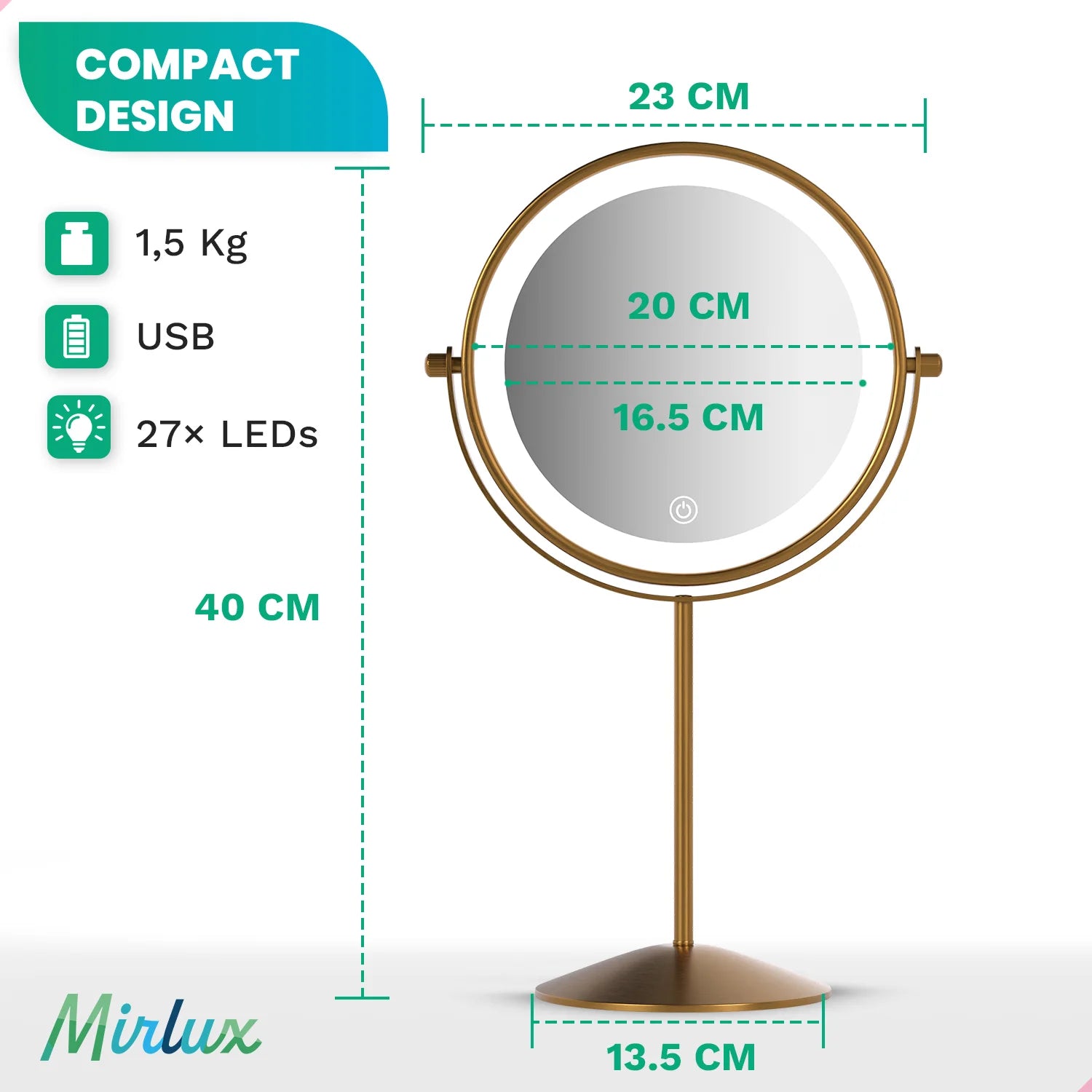 Miroir de maquillage - Rechargeable - Or - Grossissement 1-10x