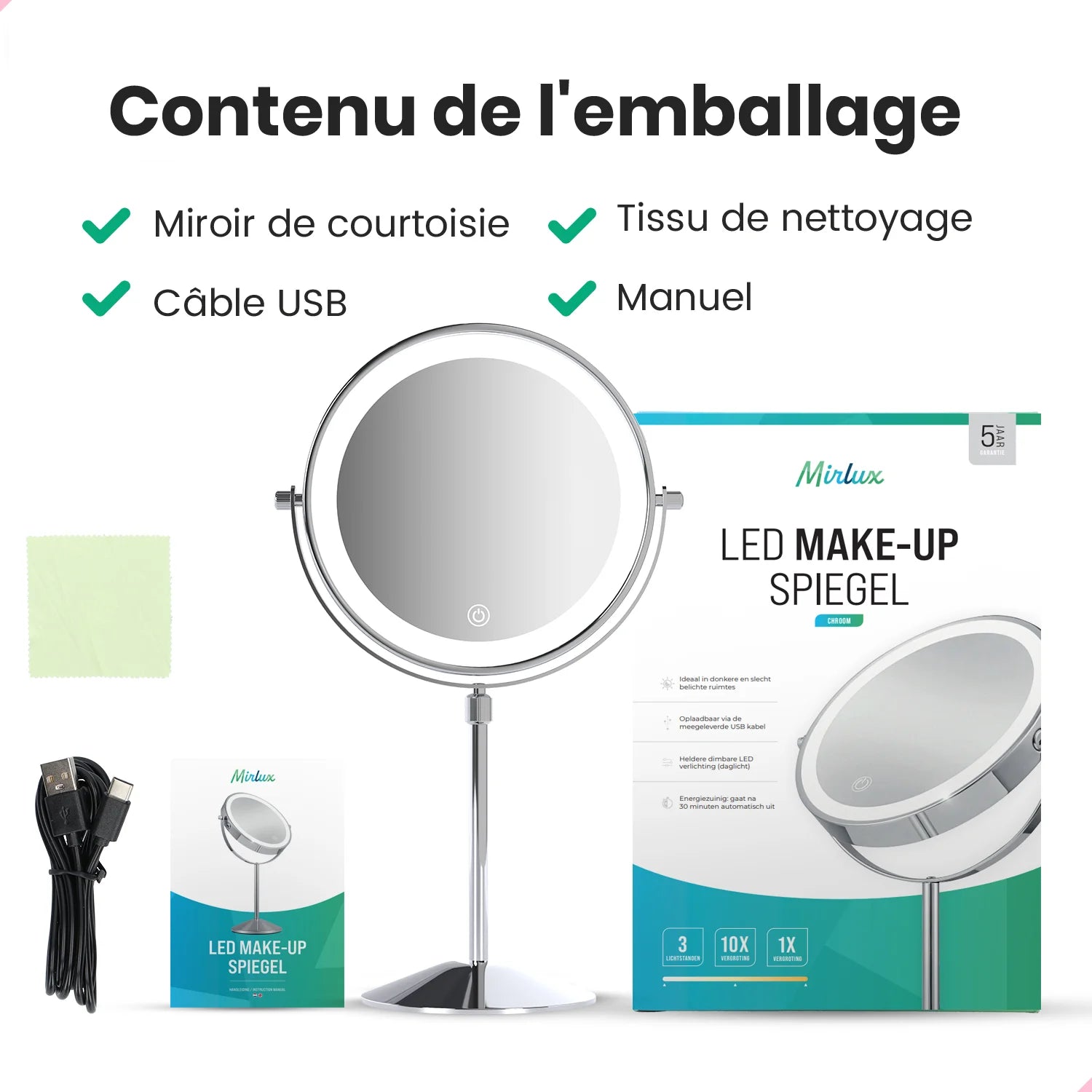 Miroir de maquillage - Hauteur réglable - Chrome - Grossissement 1-10x