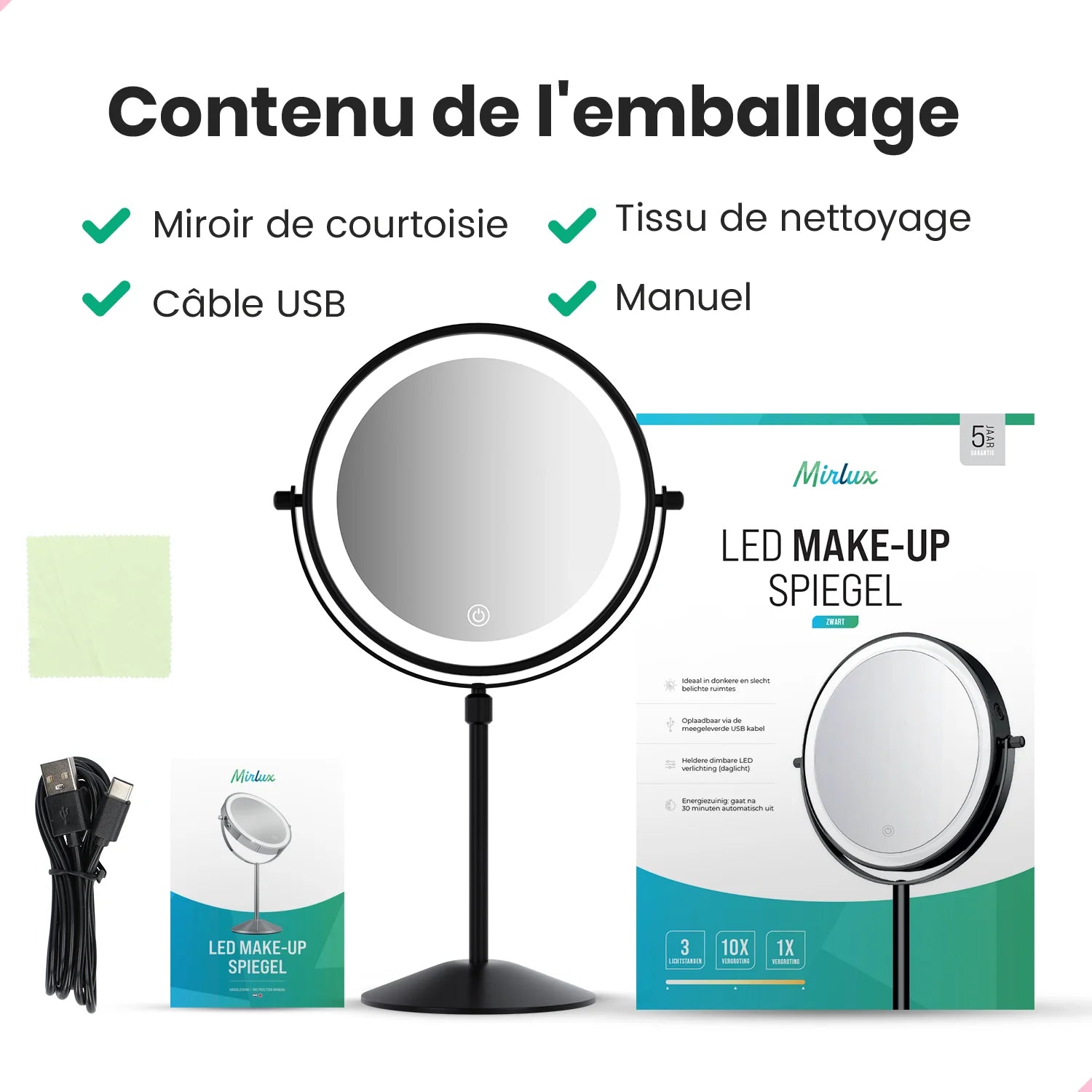 Miroir de maquillage - Hauteur réglable - Noir - Grossissement 1-10x