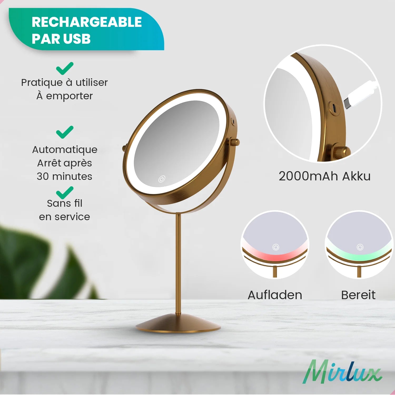 Miroir de maquillage - Rechargeable - Or - Grossissement 1-10x