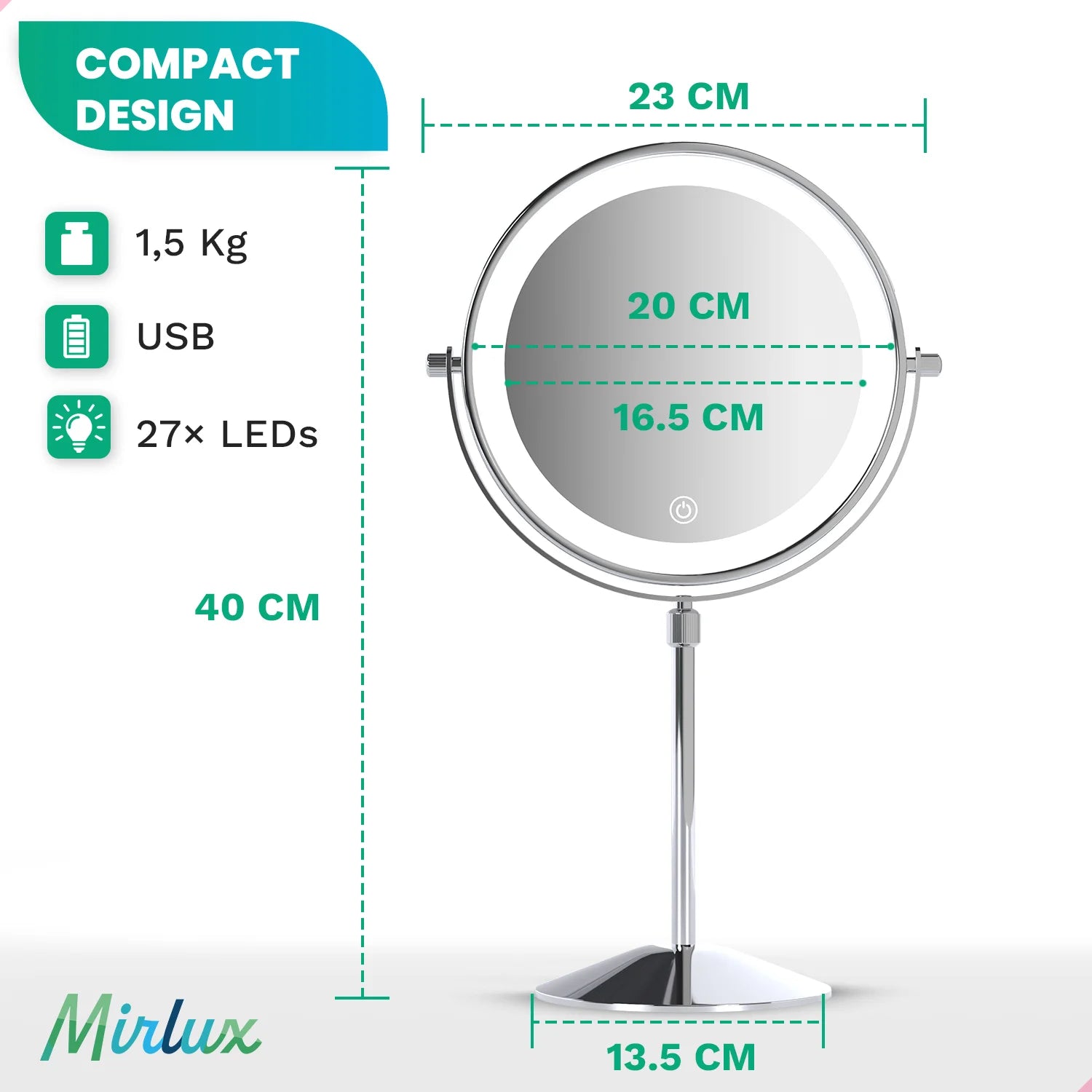 Miroir de maquillage - Hauteur réglable - Chrome - Grossissement 1-10x