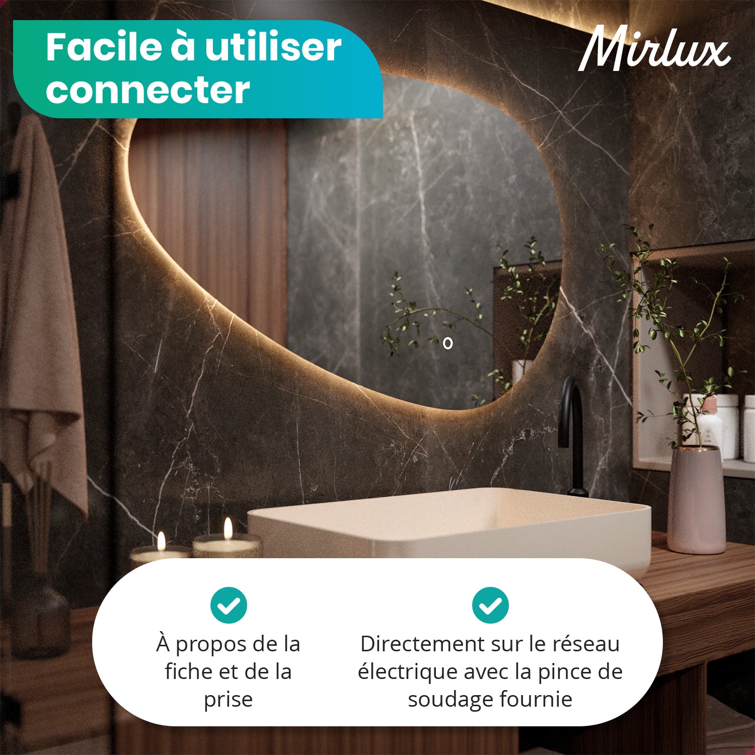 Miroir de salle de bain - 120x75cm Asymétrique - Sans cadre