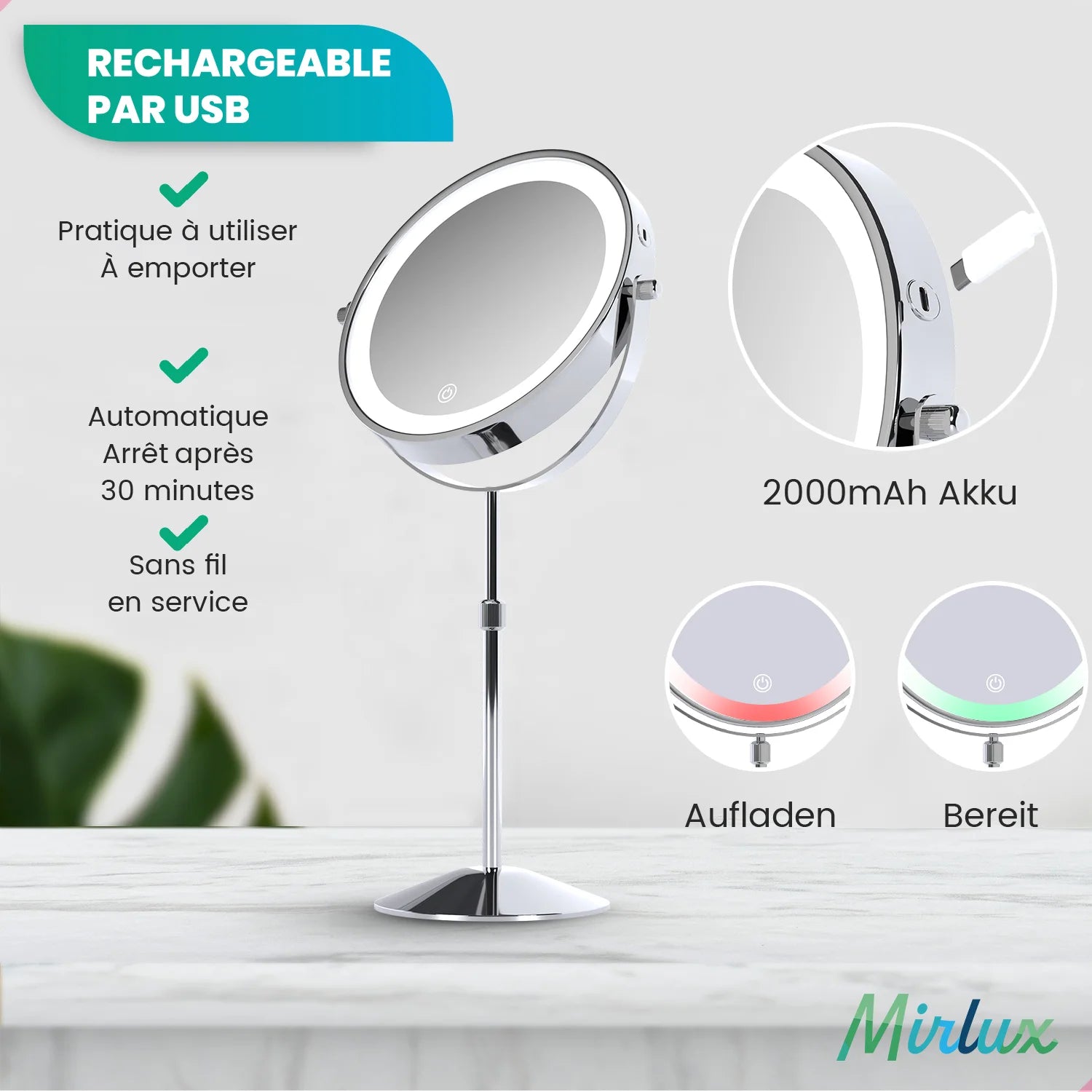 Miroir de maquillage - Hauteur réglable - Chrome - Grossissement 1-10x