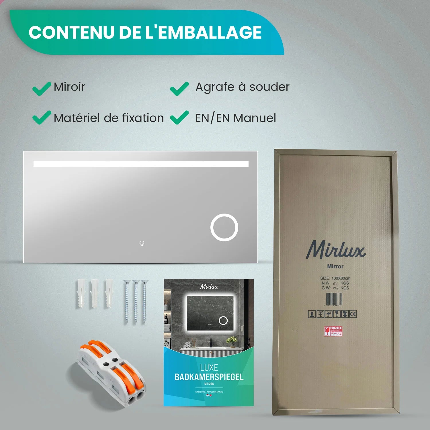 Miroir de salle de bain - 180 x 80 cm - Sans cadre