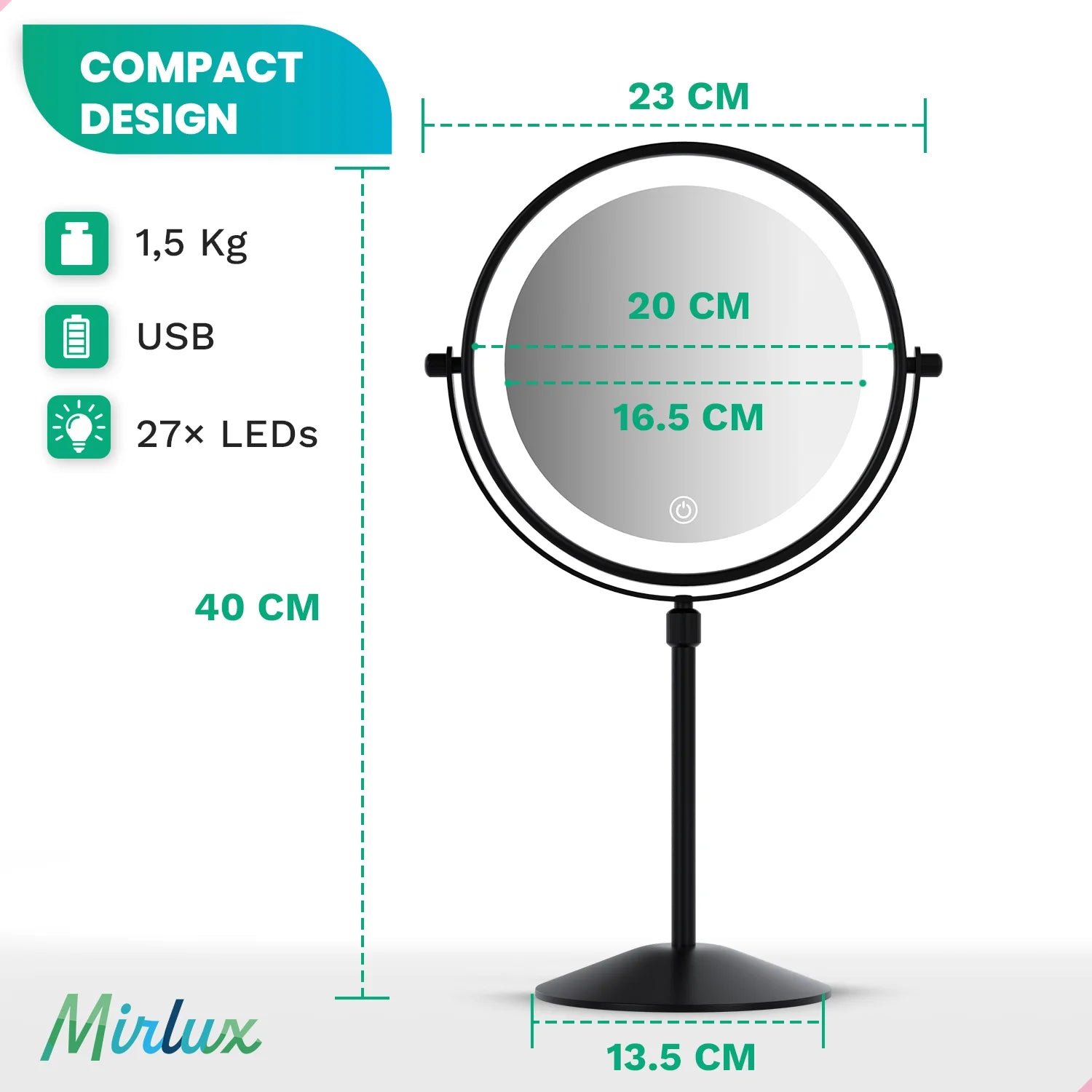 Miroir de maquillage - Hauteur réglable - Noir - Grossissement 1-10x