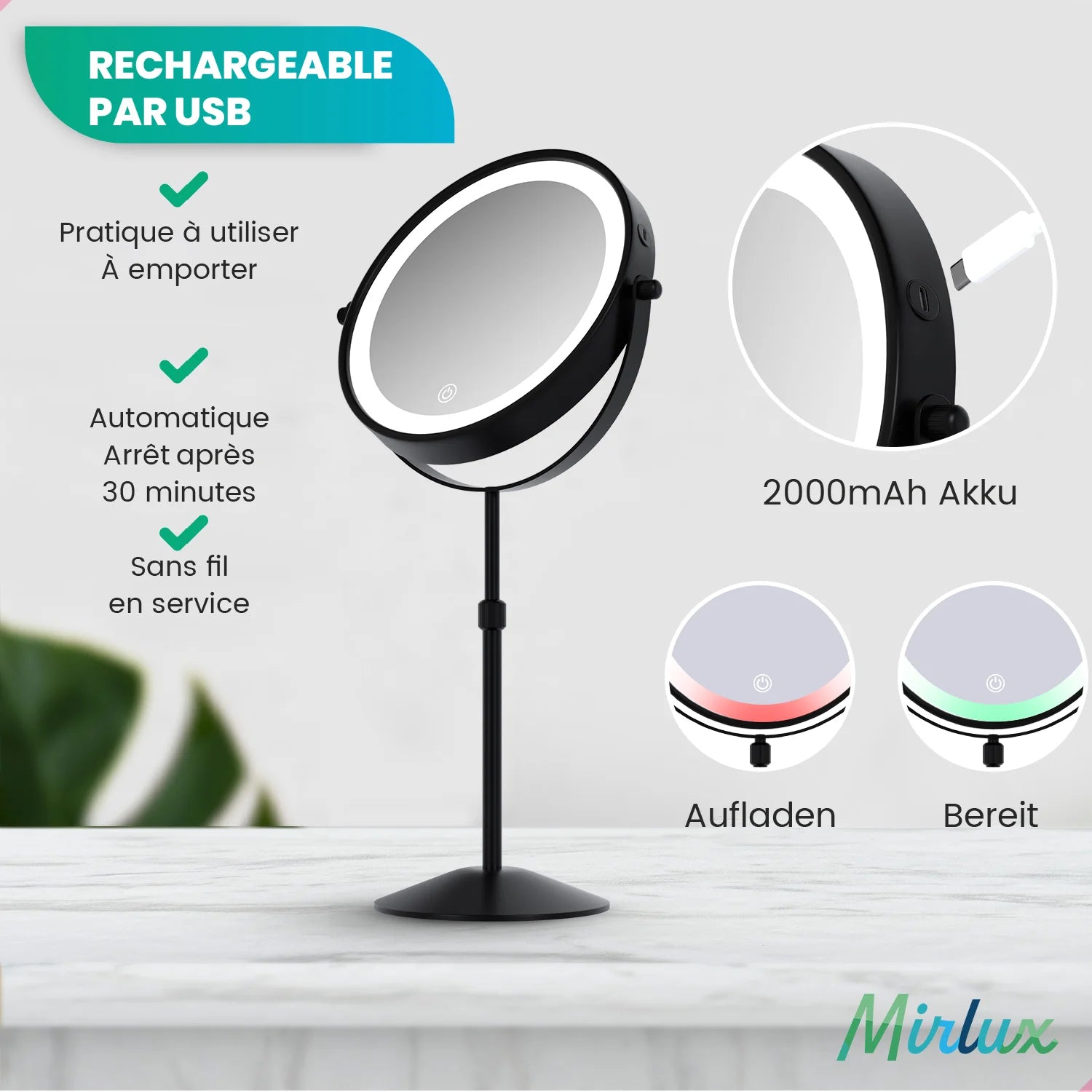 Miroir de maquillage - Hauteur réglable - Noir - Grossissement 1-10x