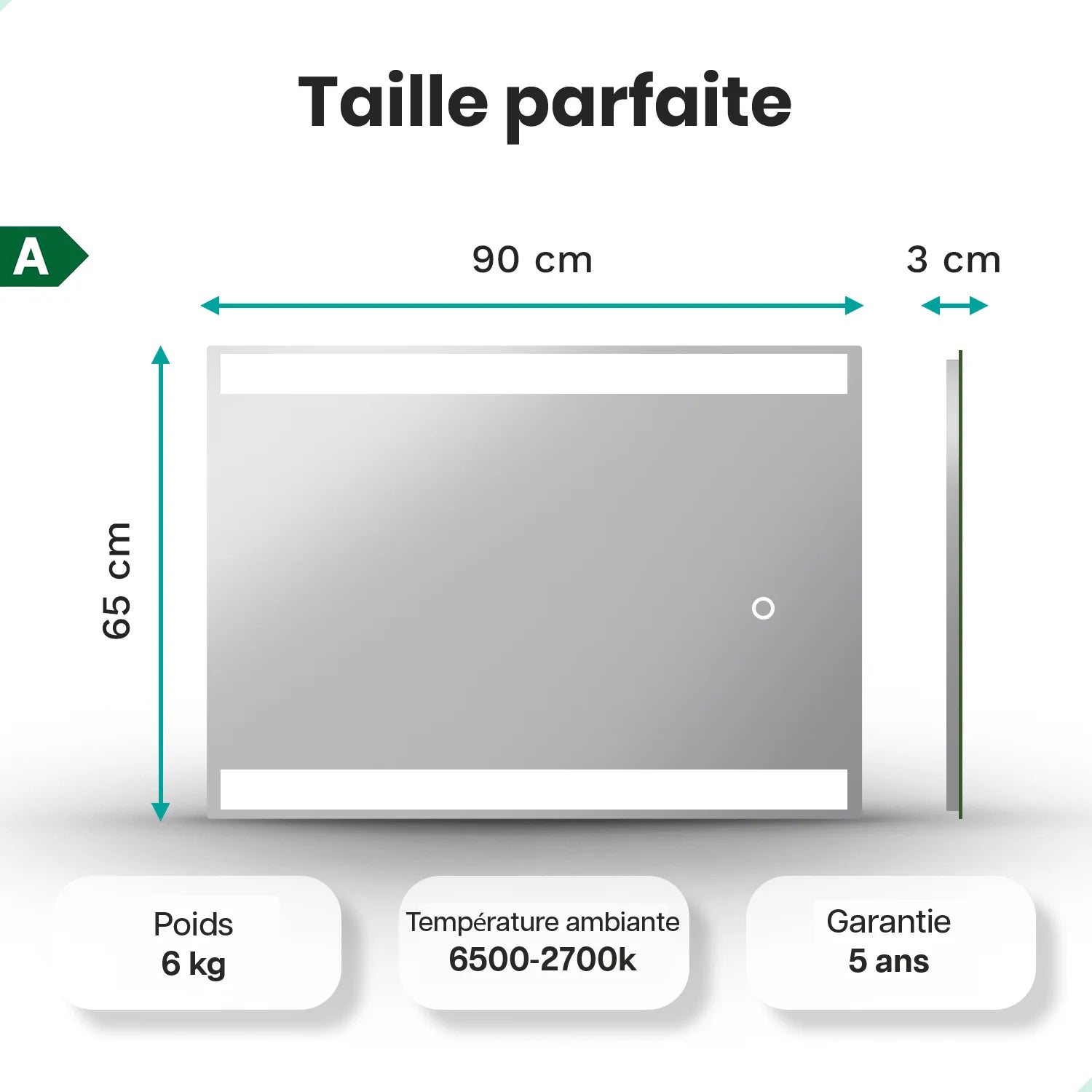 Miroir de salle de bain - 90x65cm Rectangulaire - Sans cadre - PRE-ORDER