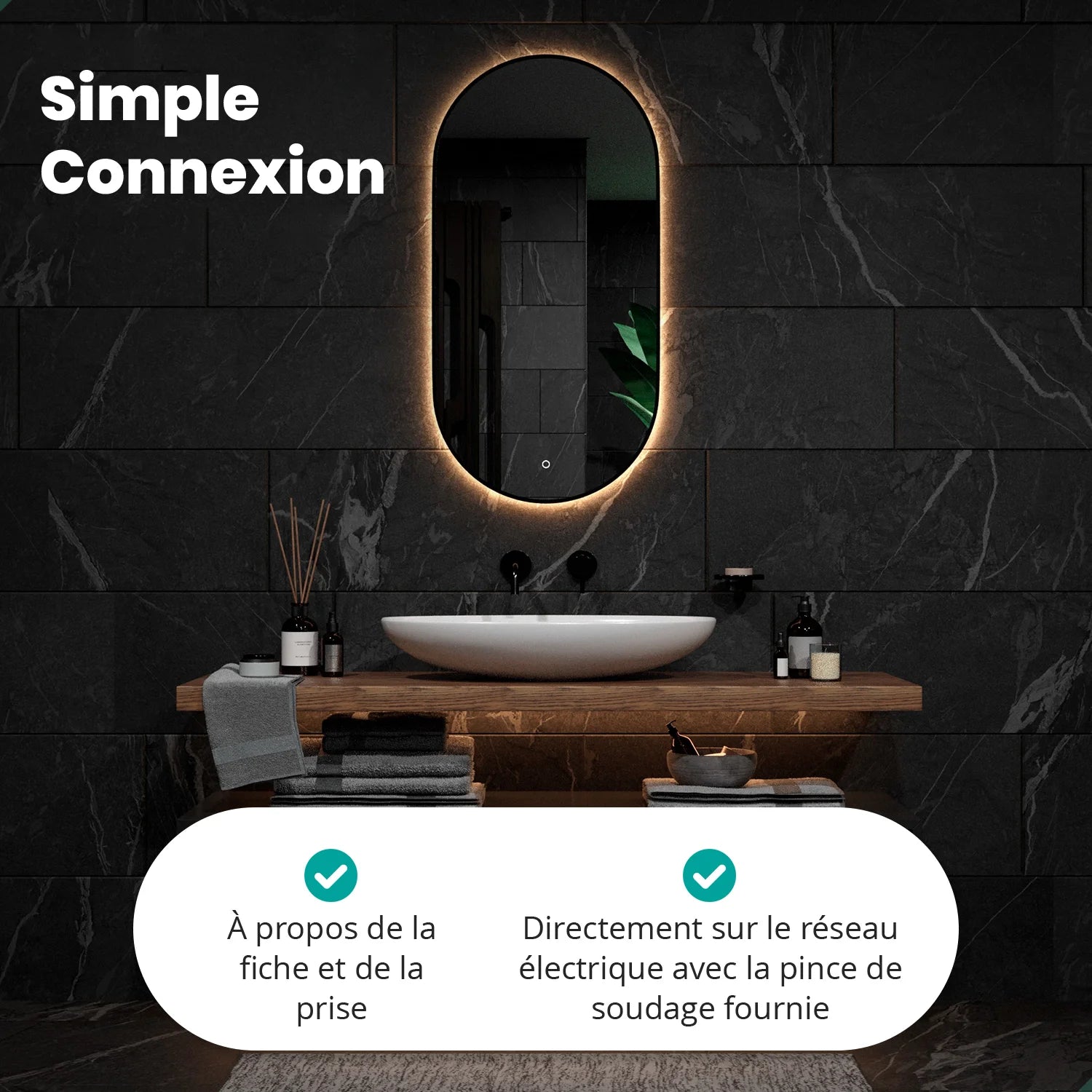 Miroir de salle de bains - 100x50cm Ovale - Cadre noir